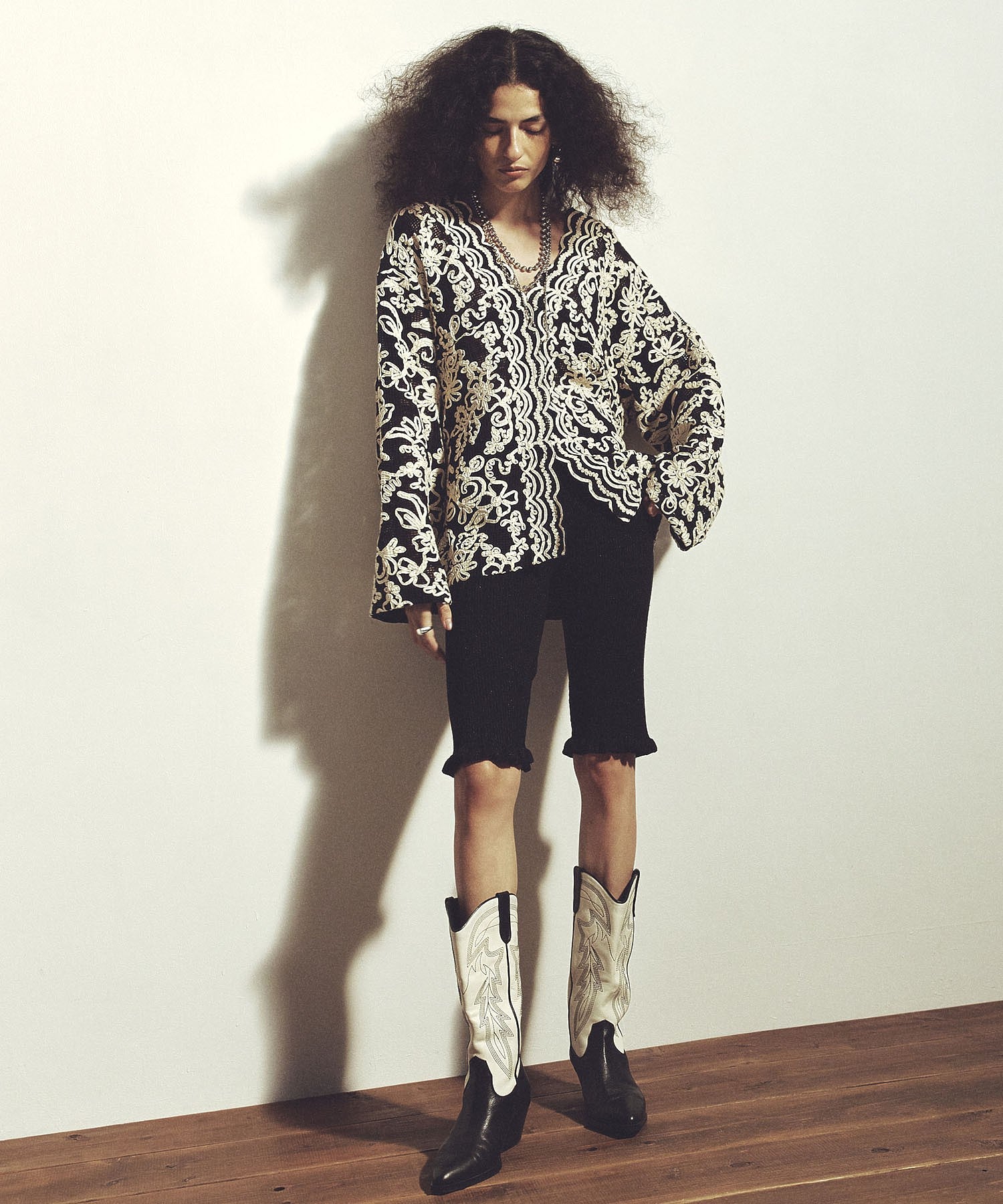 CREOLME/LAME KNIT HALF PANTS