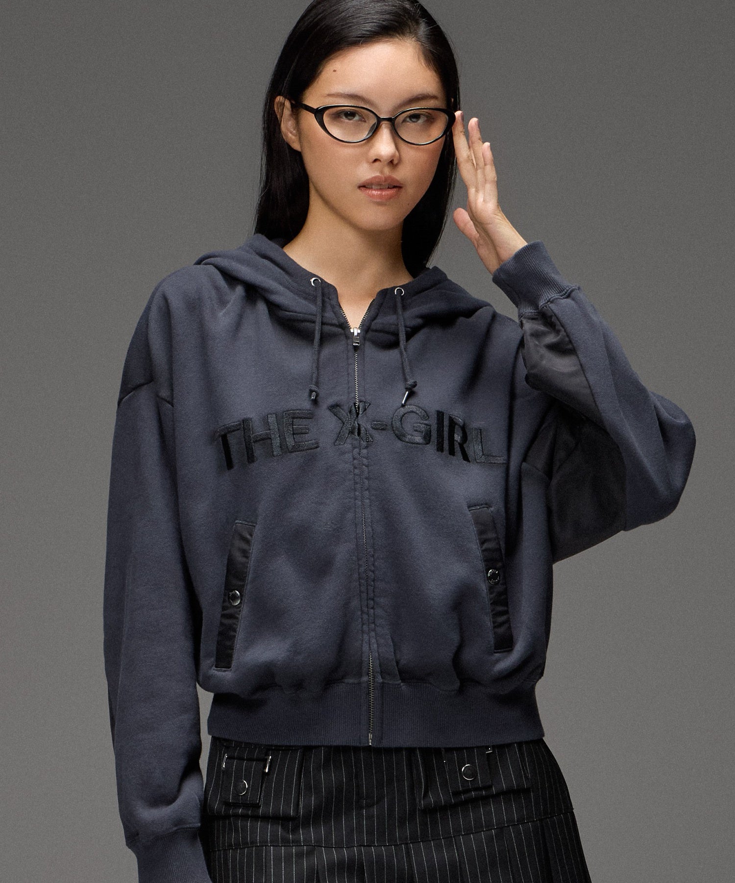 WOVEN MIX FUZZY LOGO ZIP UP SWEAT HOODIE