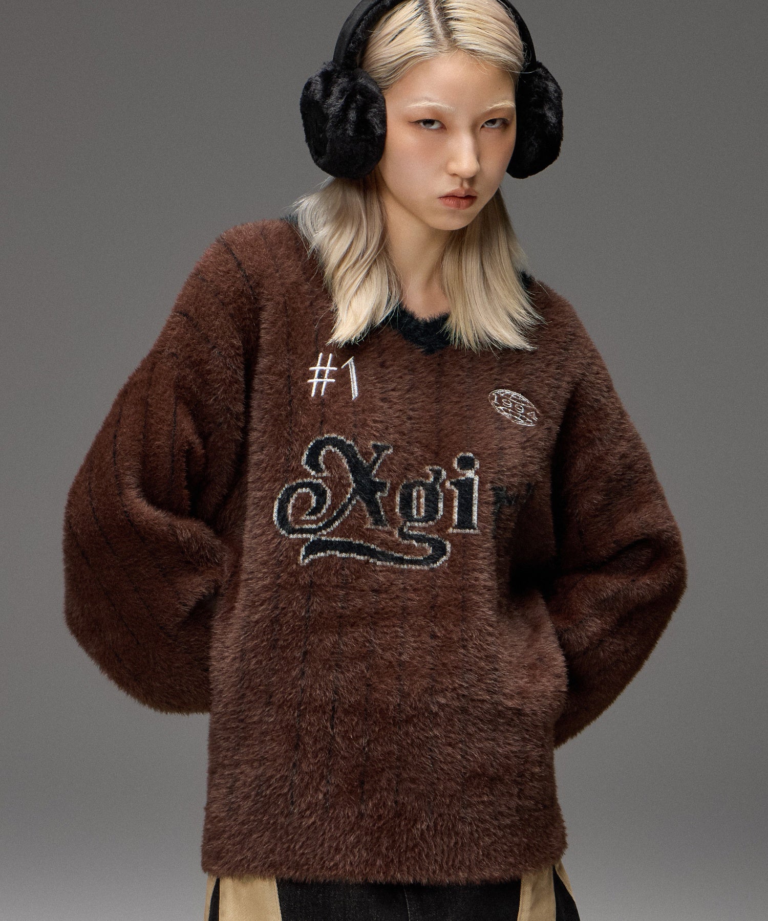 GAME SHIRT JACQUARD SHAGGY KNIT TOP