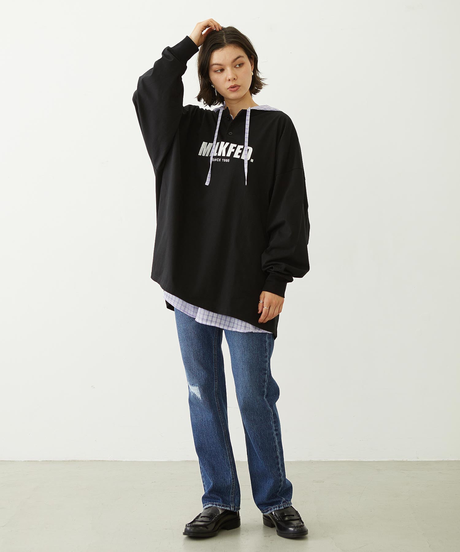 SHEER PLAID HOODED TOP