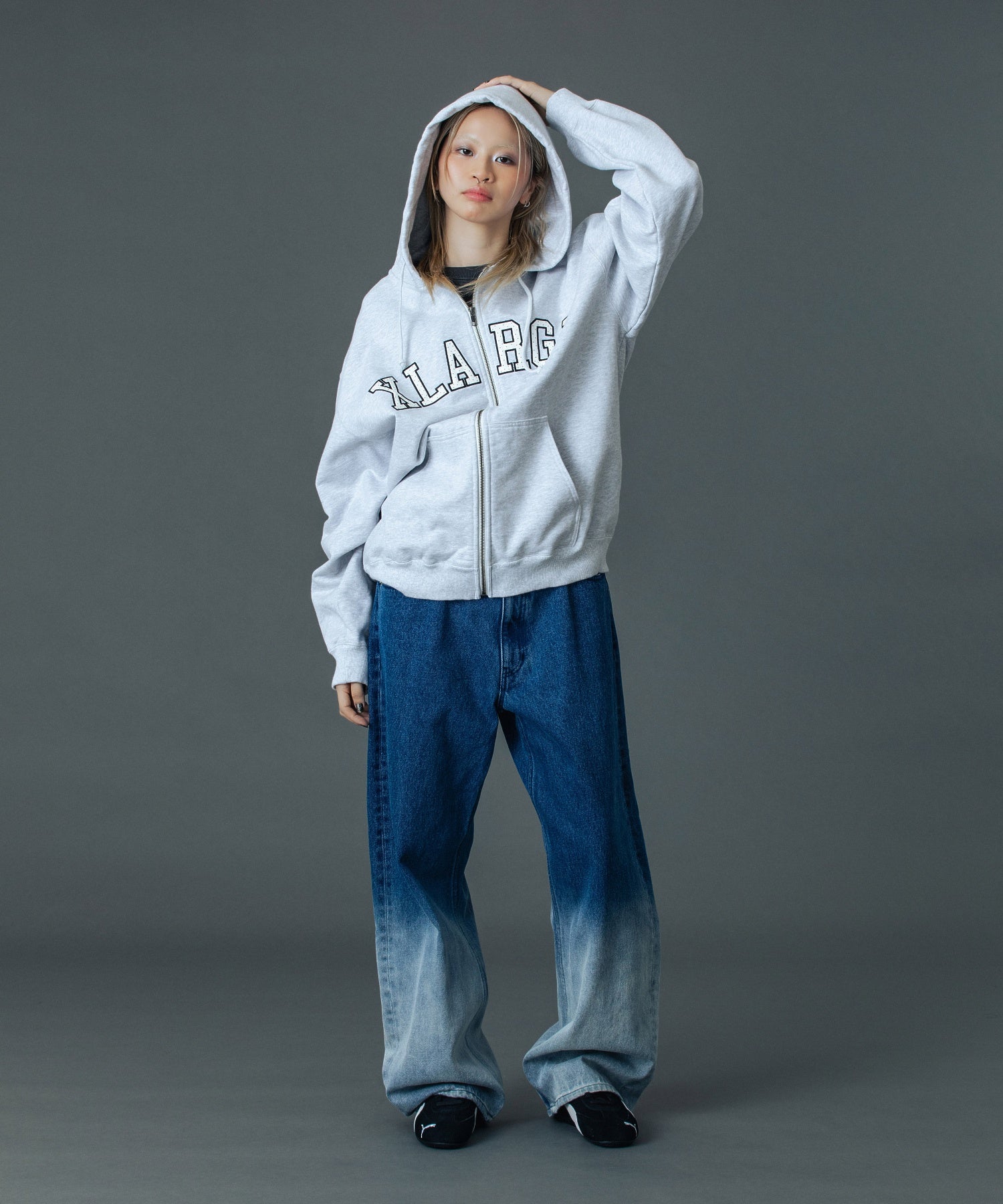 PERFORATED LEATHER LOGO ZIP UP HOODED SWEATSHIRT