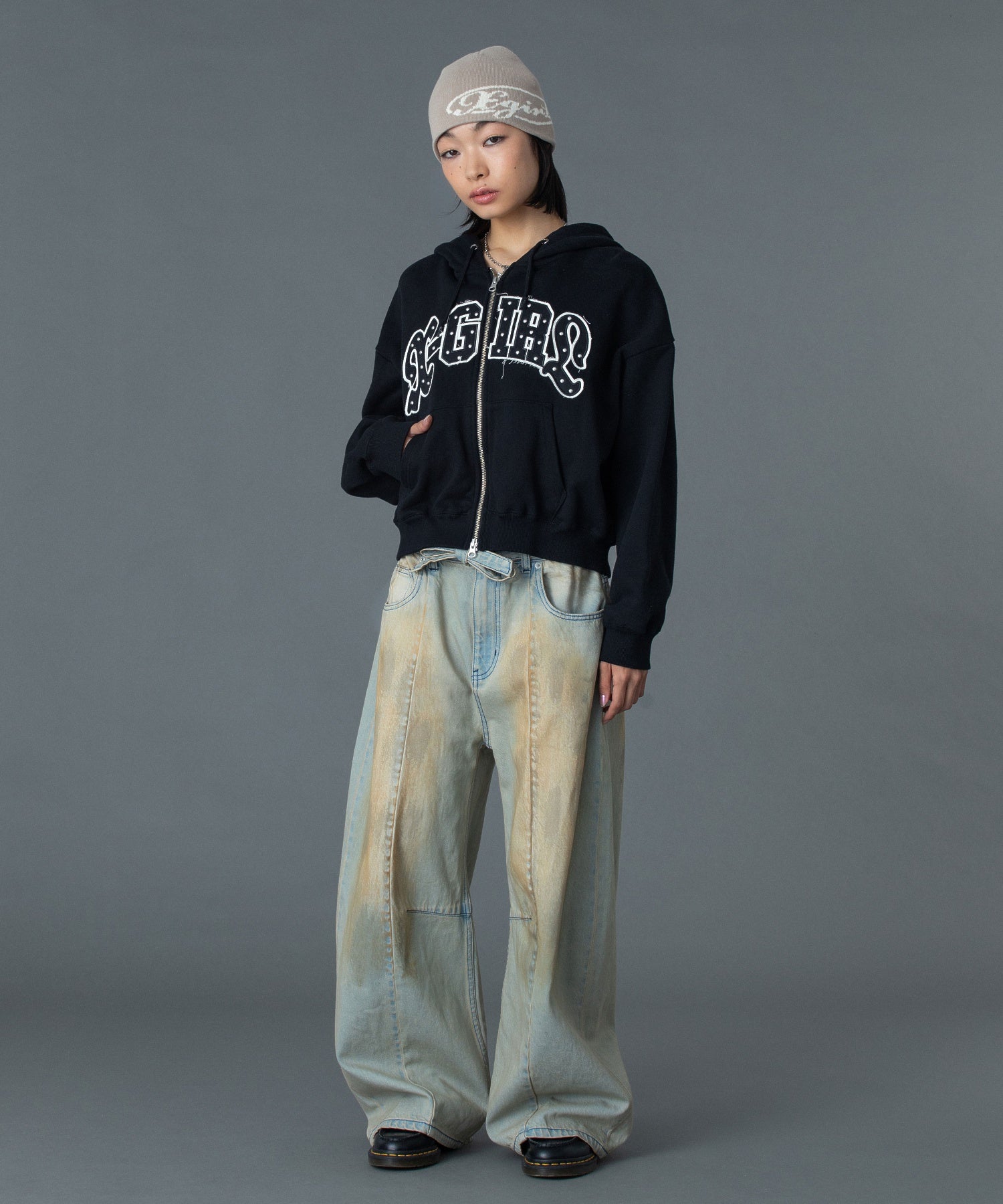 STUDDED LOGO ZIP UP SWEAT HOODIE