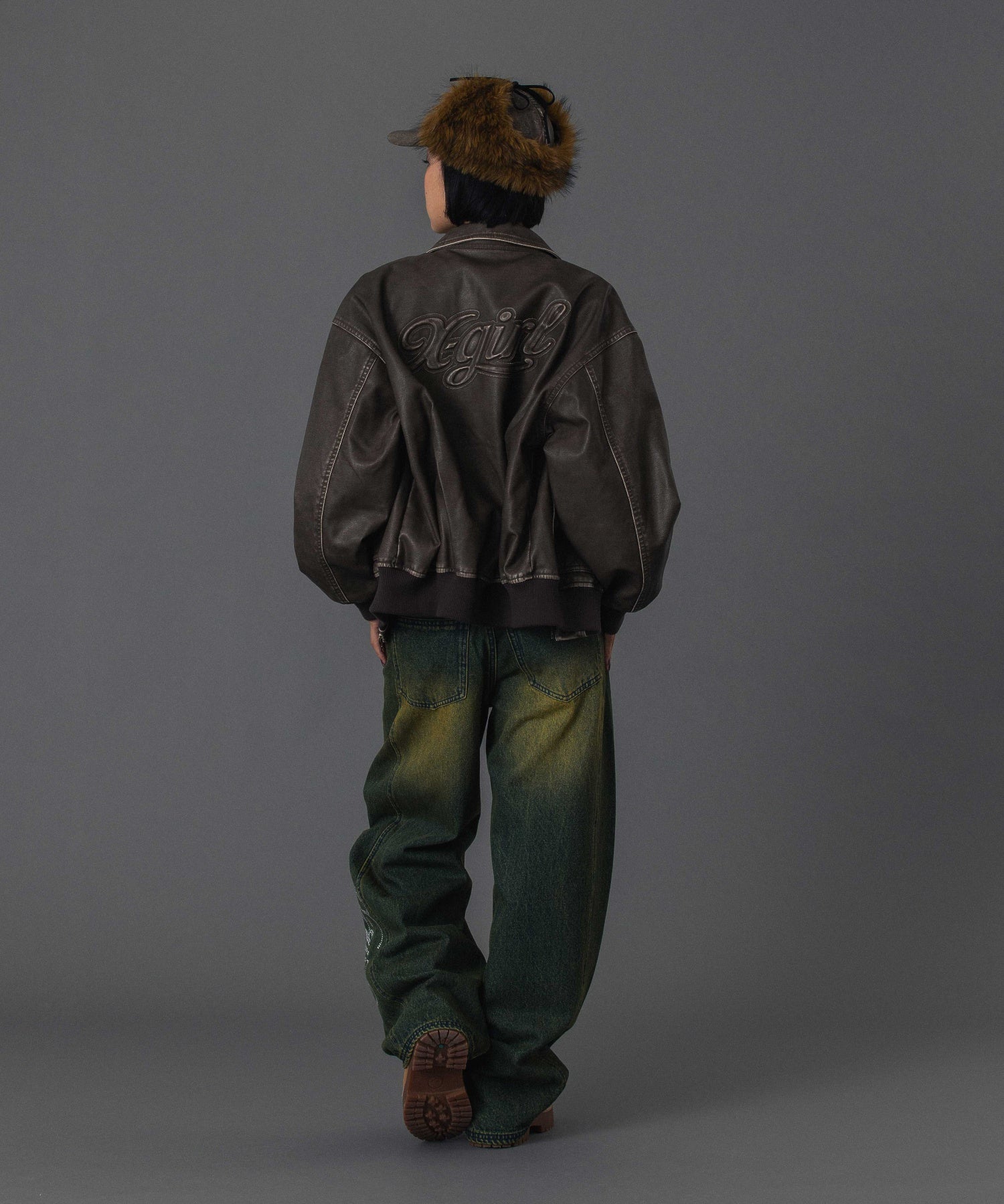 EMBOSSED LOGO PATCH DISTRESSED FAUX LEATHER JACKET