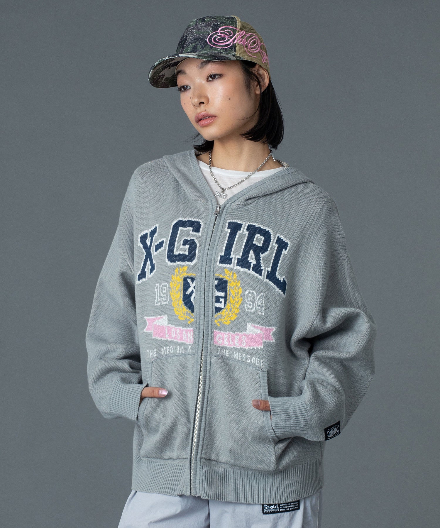 COLLEGE LOGO JACQUARD ZIP UP KNIT HOODIE