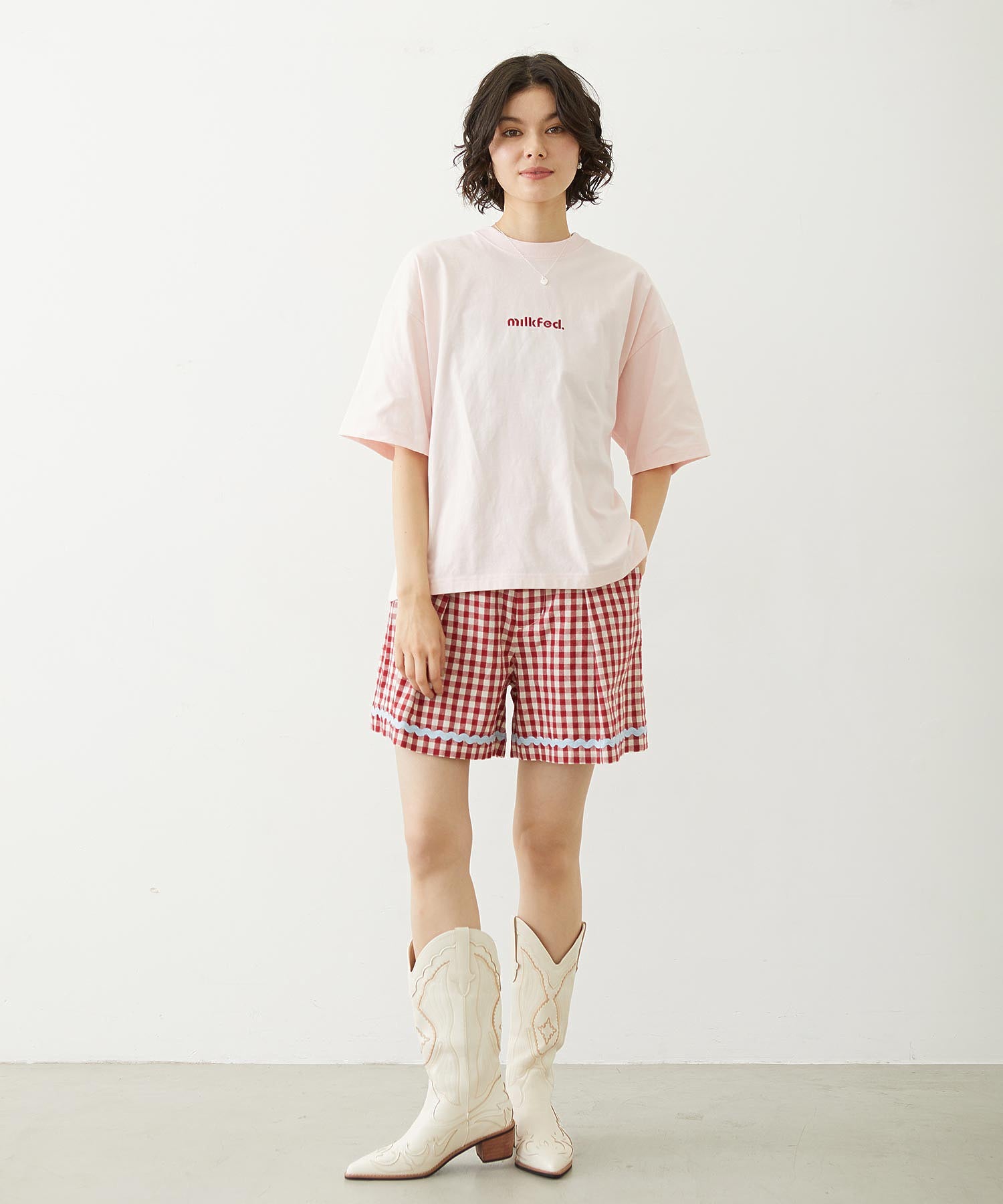 CUT OUT LOGO GINGHAM FLOWER WIDE S/S TEE