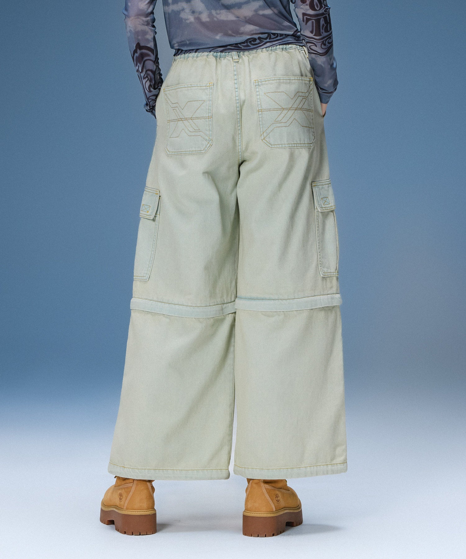 FADED 2WAY WIDE LEG DENIM CARGO PANTS