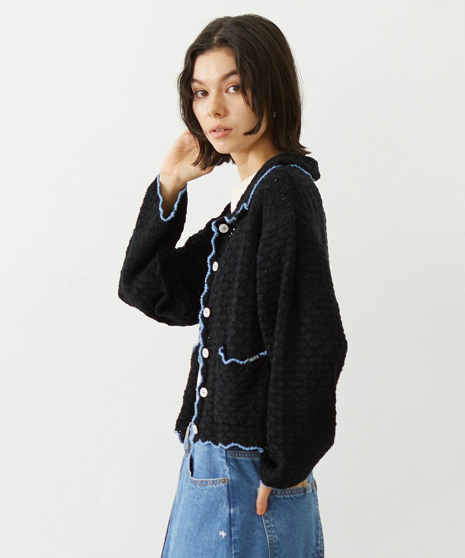 OPEN COLLAR CONTRAST TRIM KNIT CARDIGAN
