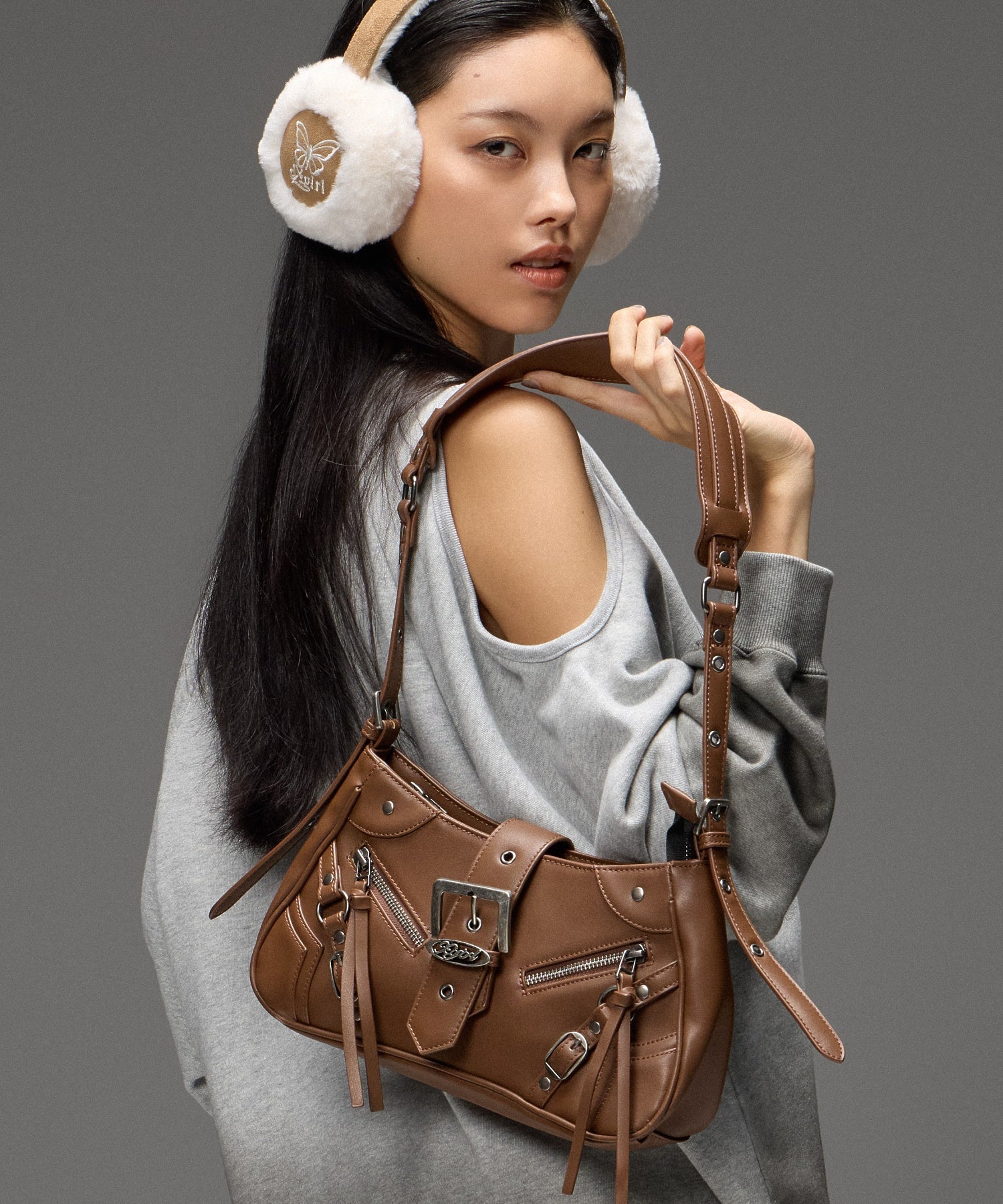 ZIP AND BELT FAUX LEATHER BAG