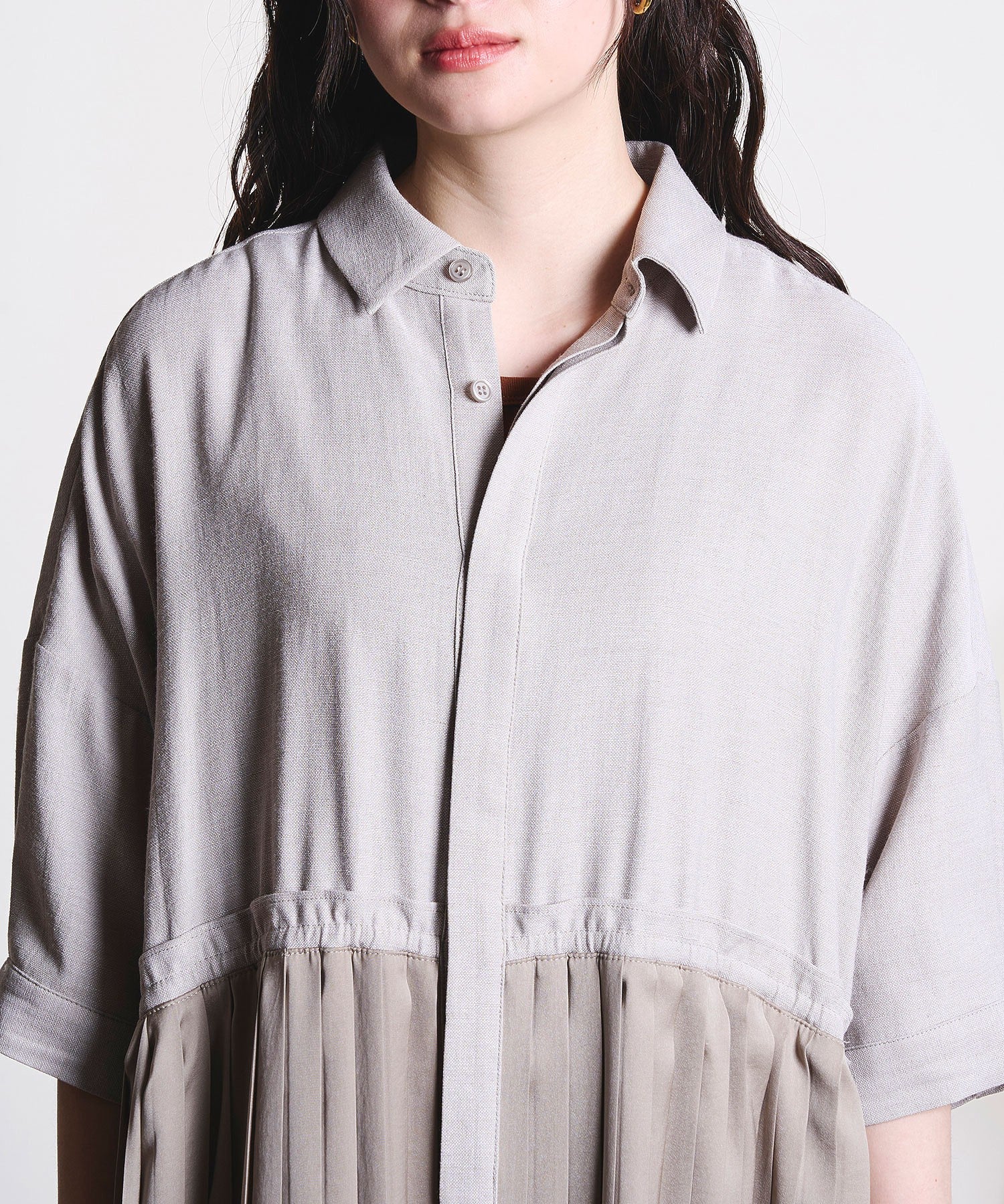 GENE HEAVENS/PLEATED SKIRT MIX FABRIC S/S SHIRT DRESS