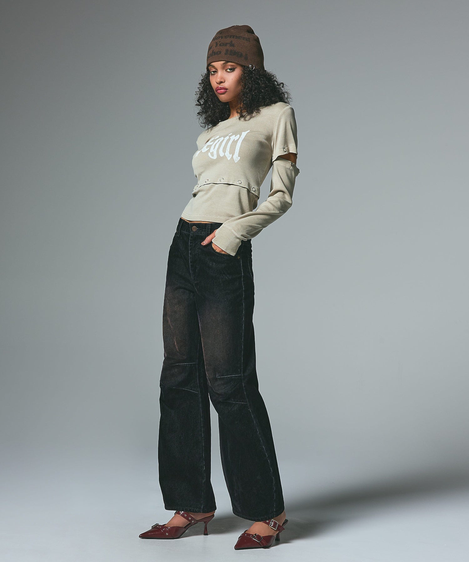 FLOCKED DENIM FLARE PANTS