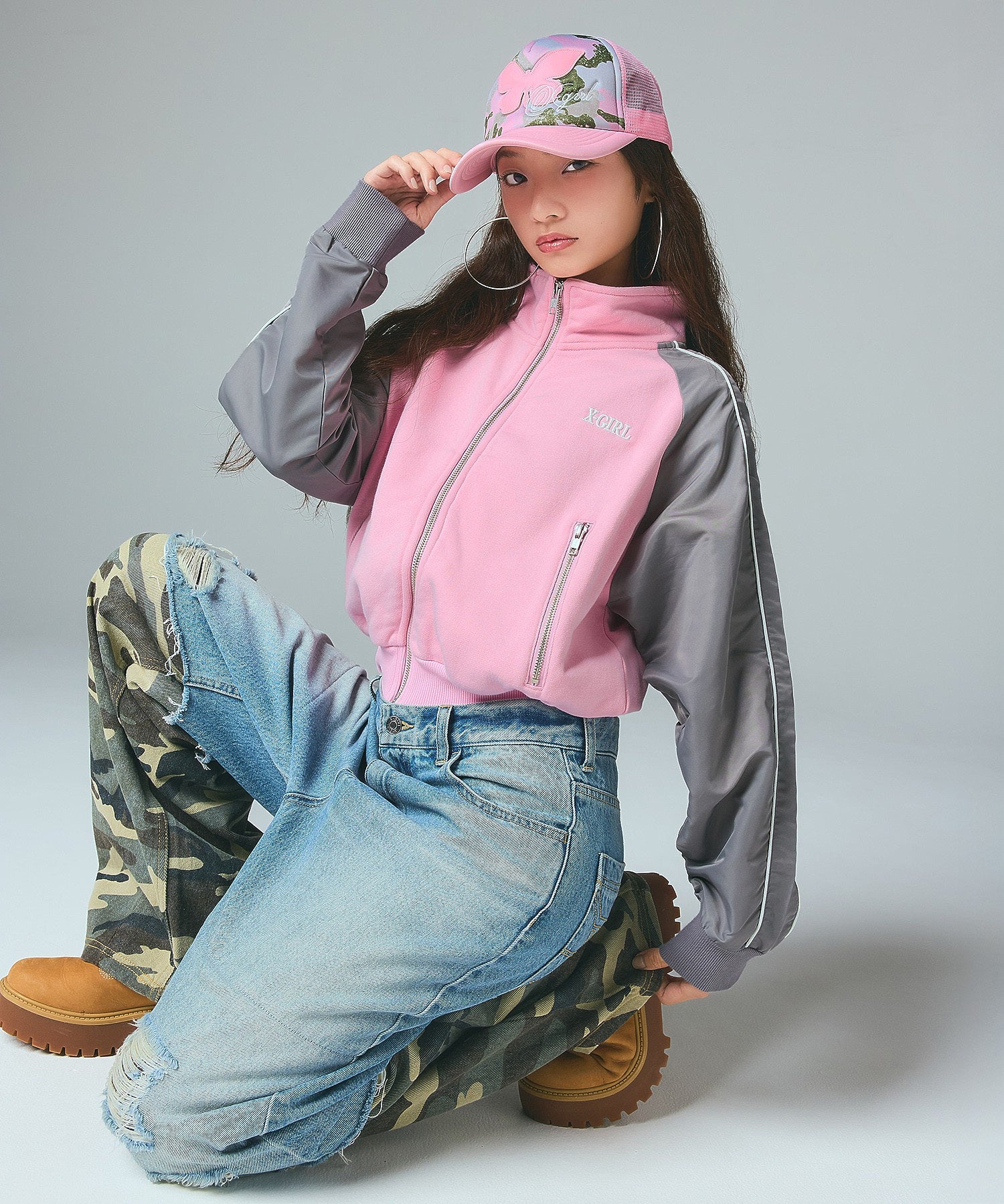 WOVEN MIX SWEAT ZIP UP TOP