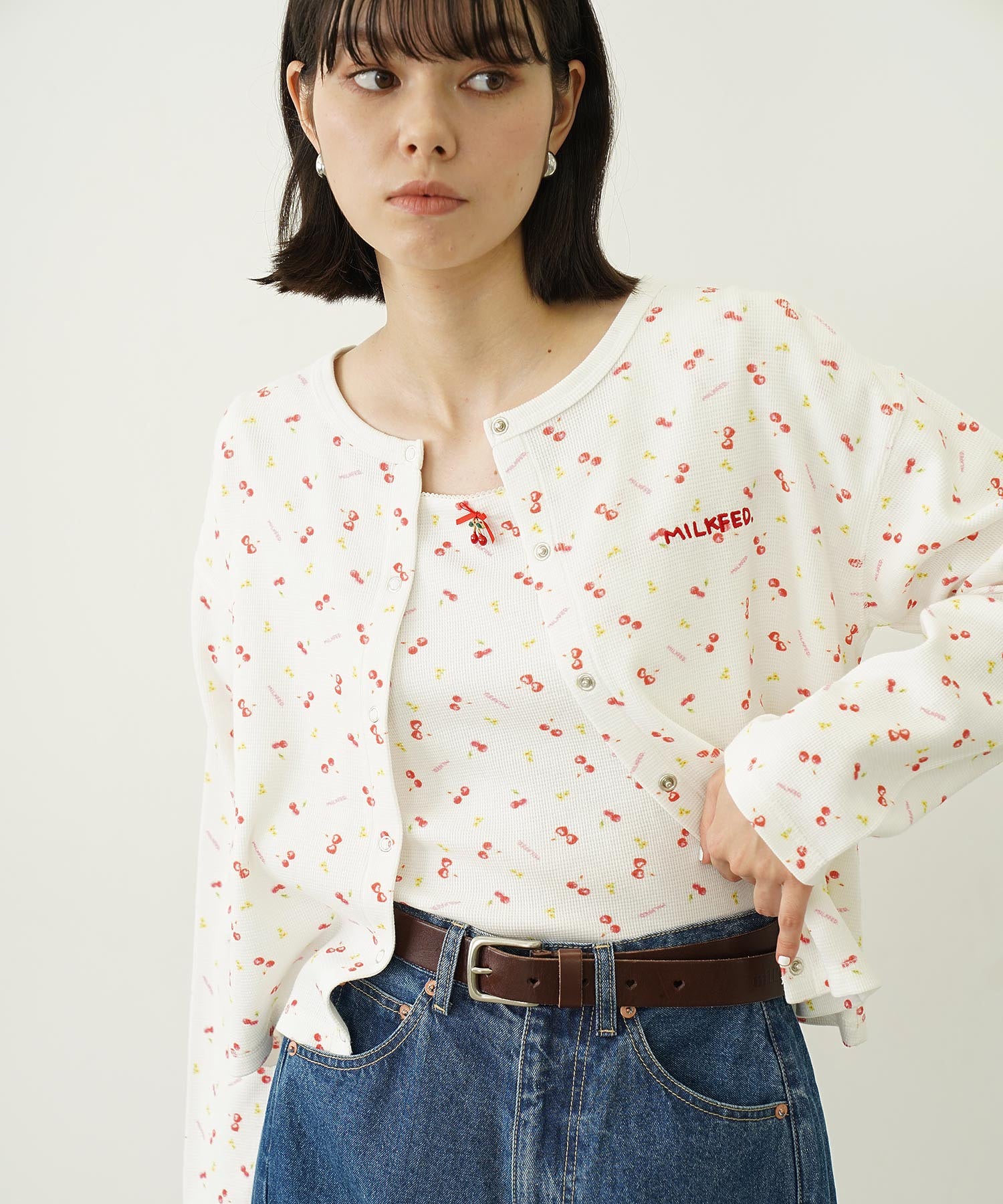 CHERRY PATTERN WAFFLE CARDIGAN