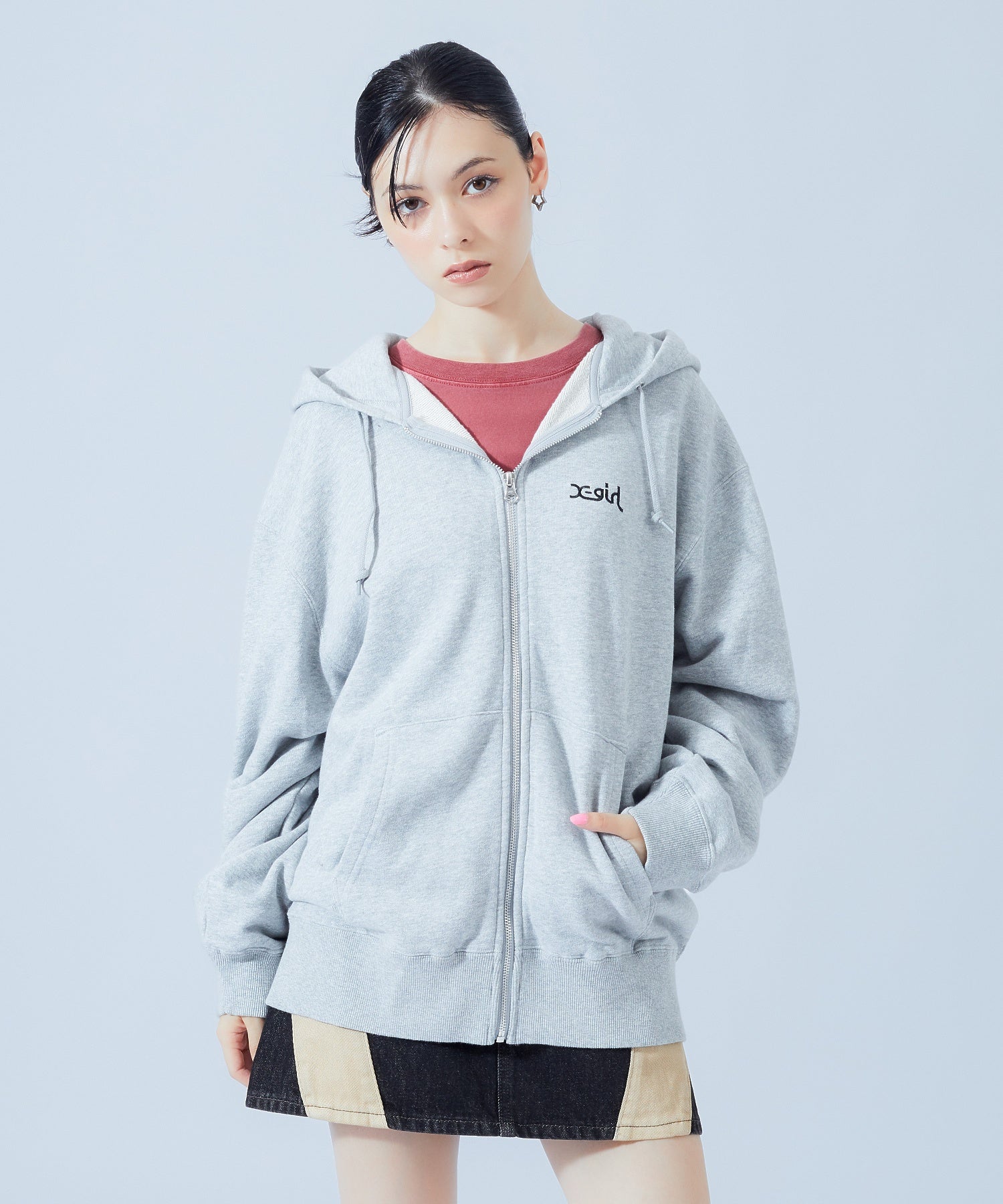 PLAID PATTERN FACE PATCH ZIP UP SWEAT HOODIE
