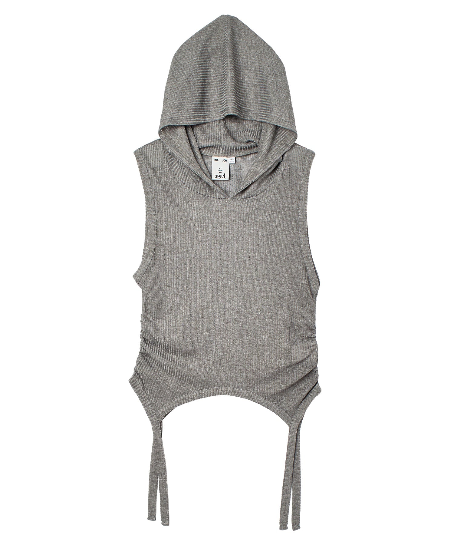 SHEER SLEEVELESS RIBBED HOODED TOP
