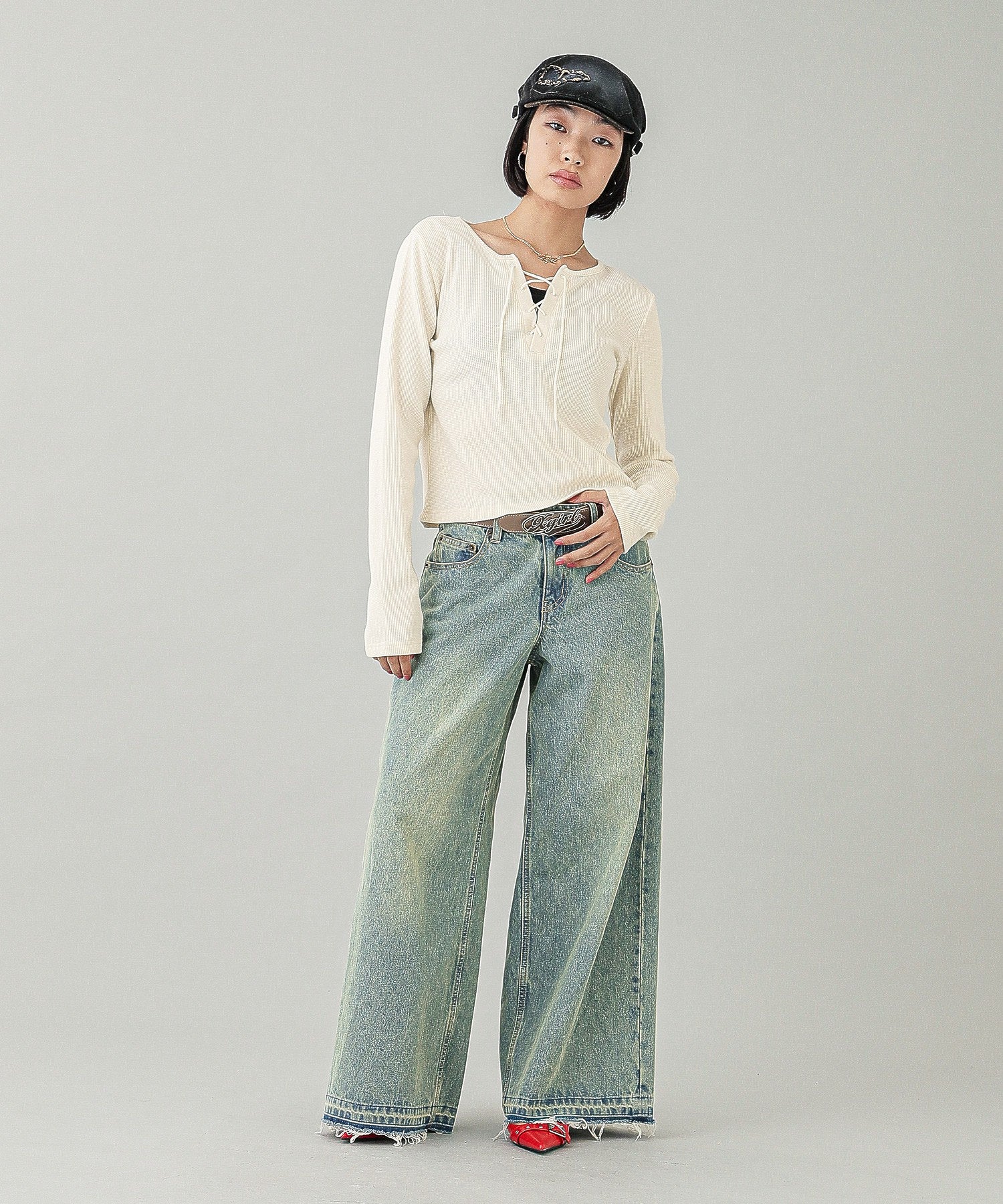 LOW RISE OVERDYED DENIM PANTS