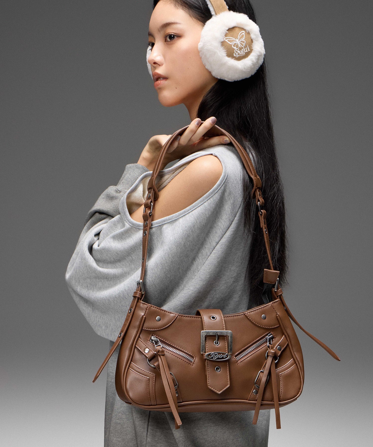 ZIP AND BELT FAUX LEATHER BAG