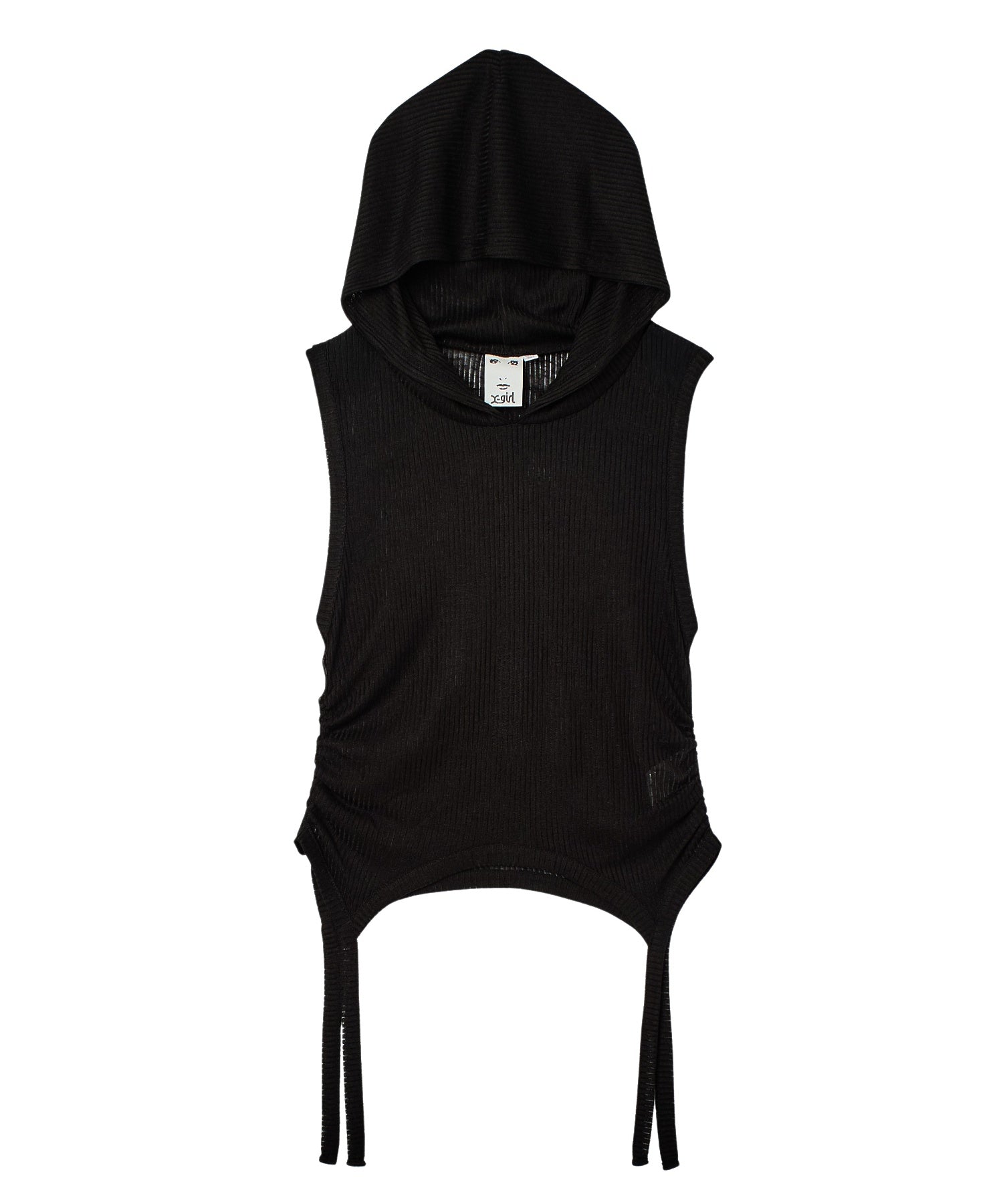 SHEER SLEEVELESS RIBBED HOODED TOP