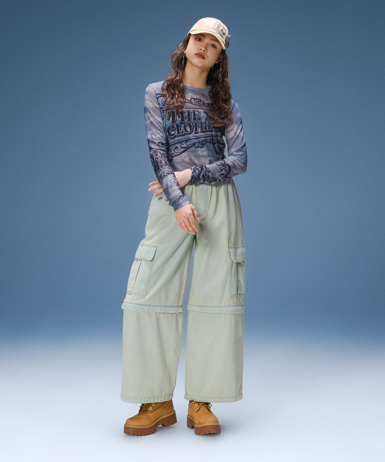 FADED 2WAY WIDE LEG DENIM CARGO PANTS