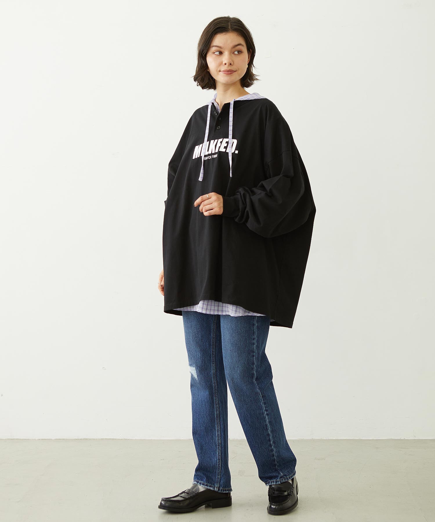 SHEER PLAID HOODED TOP