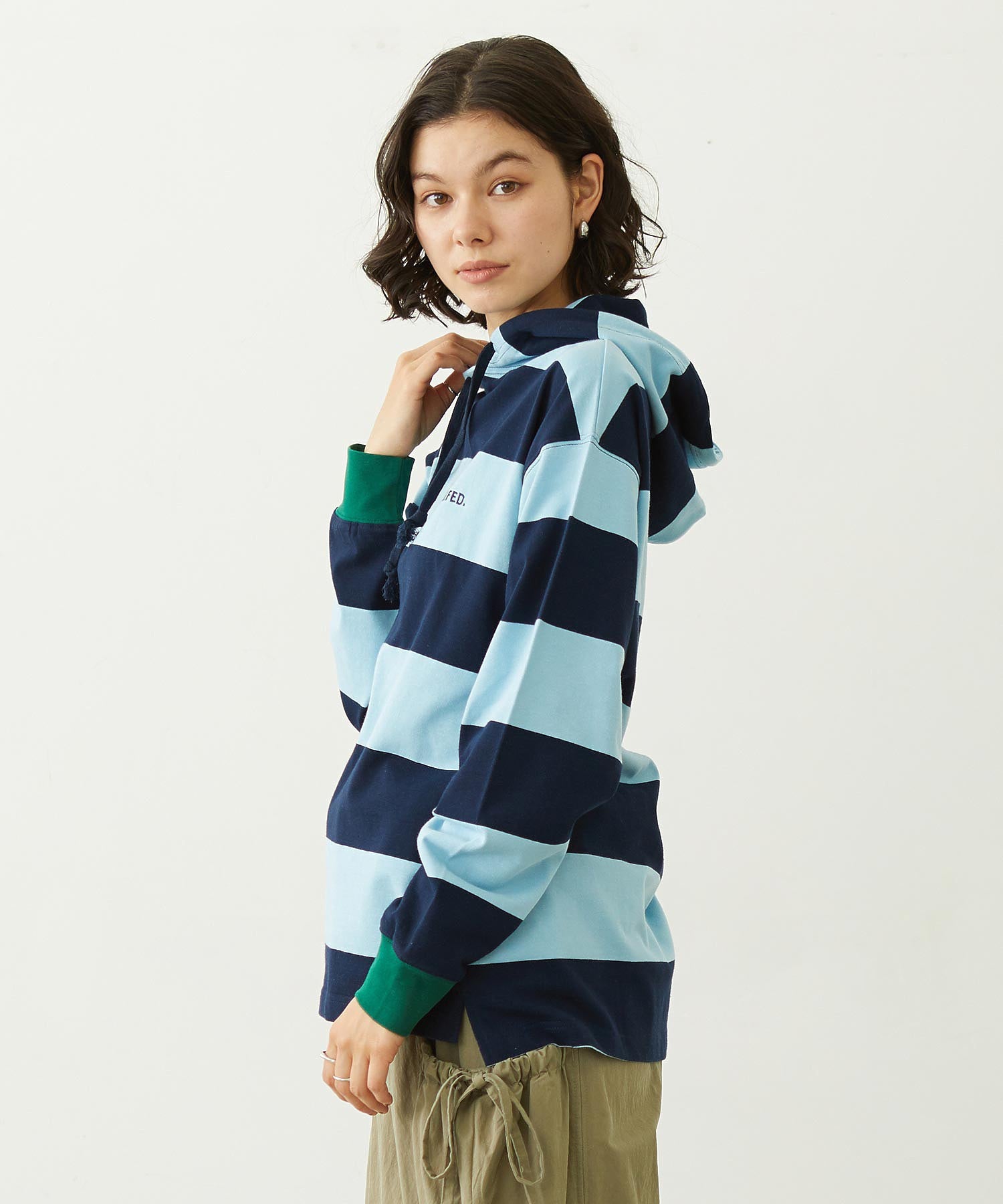 CONTRAST RIB STRIPED HOODED TOP