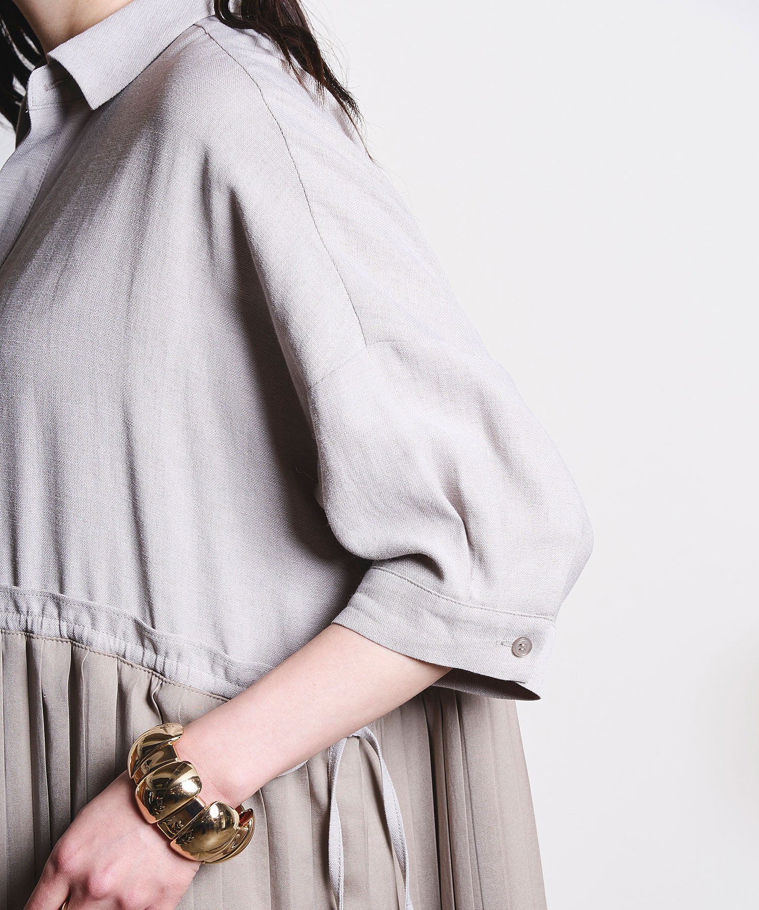 GENE HEAVENS/PLEATED SKIRT MIX FABRIC S/S SHIRT DRESS