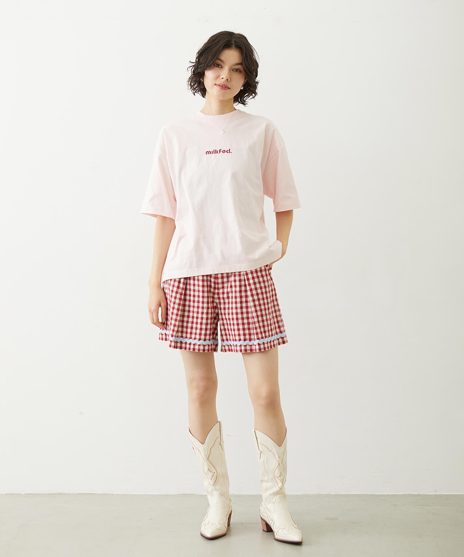 CUT OUT LOGO GINGHAM FLOWER WIDE S/S TEE
