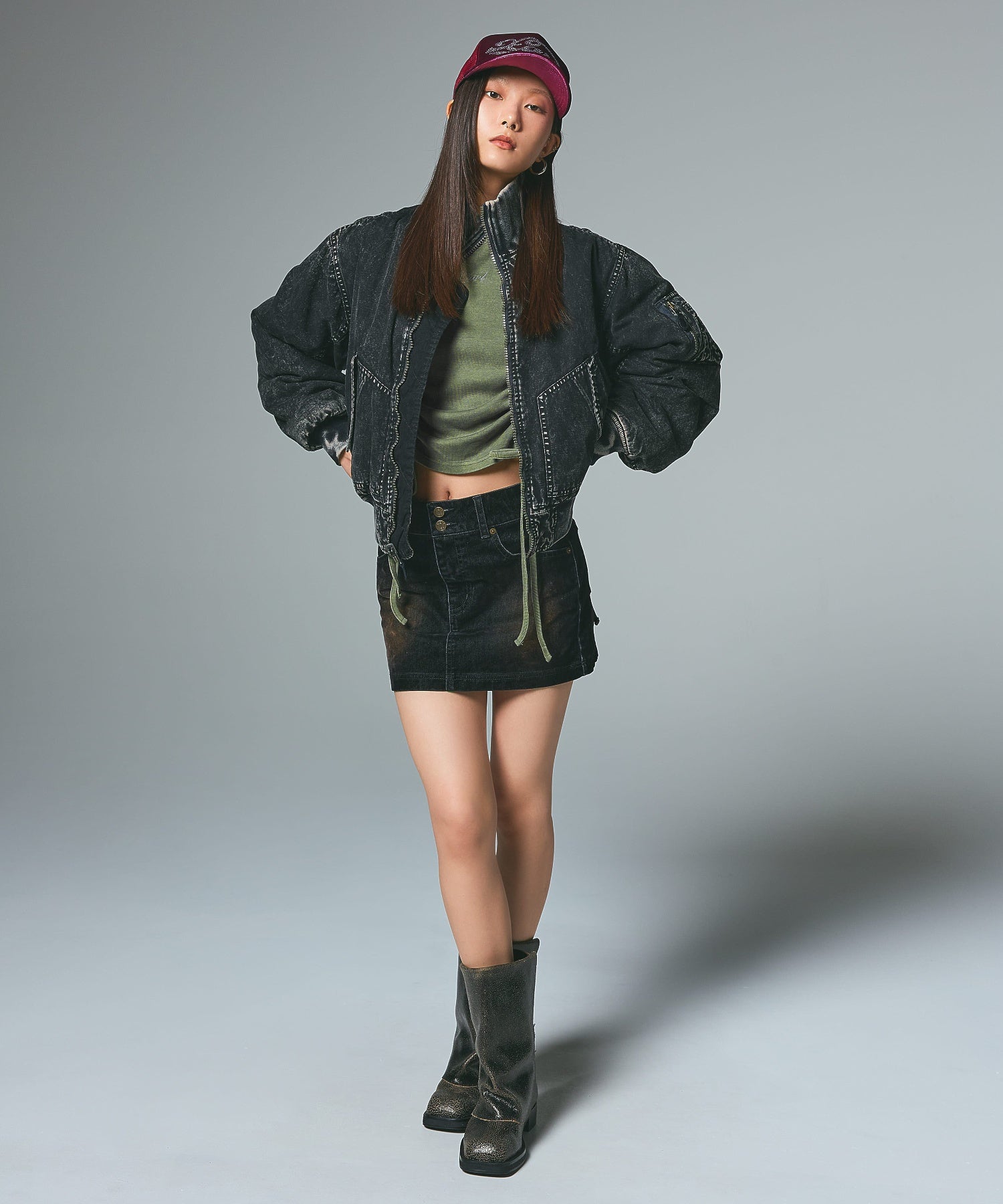 FLOCKED DENIM MINI SKIRT
