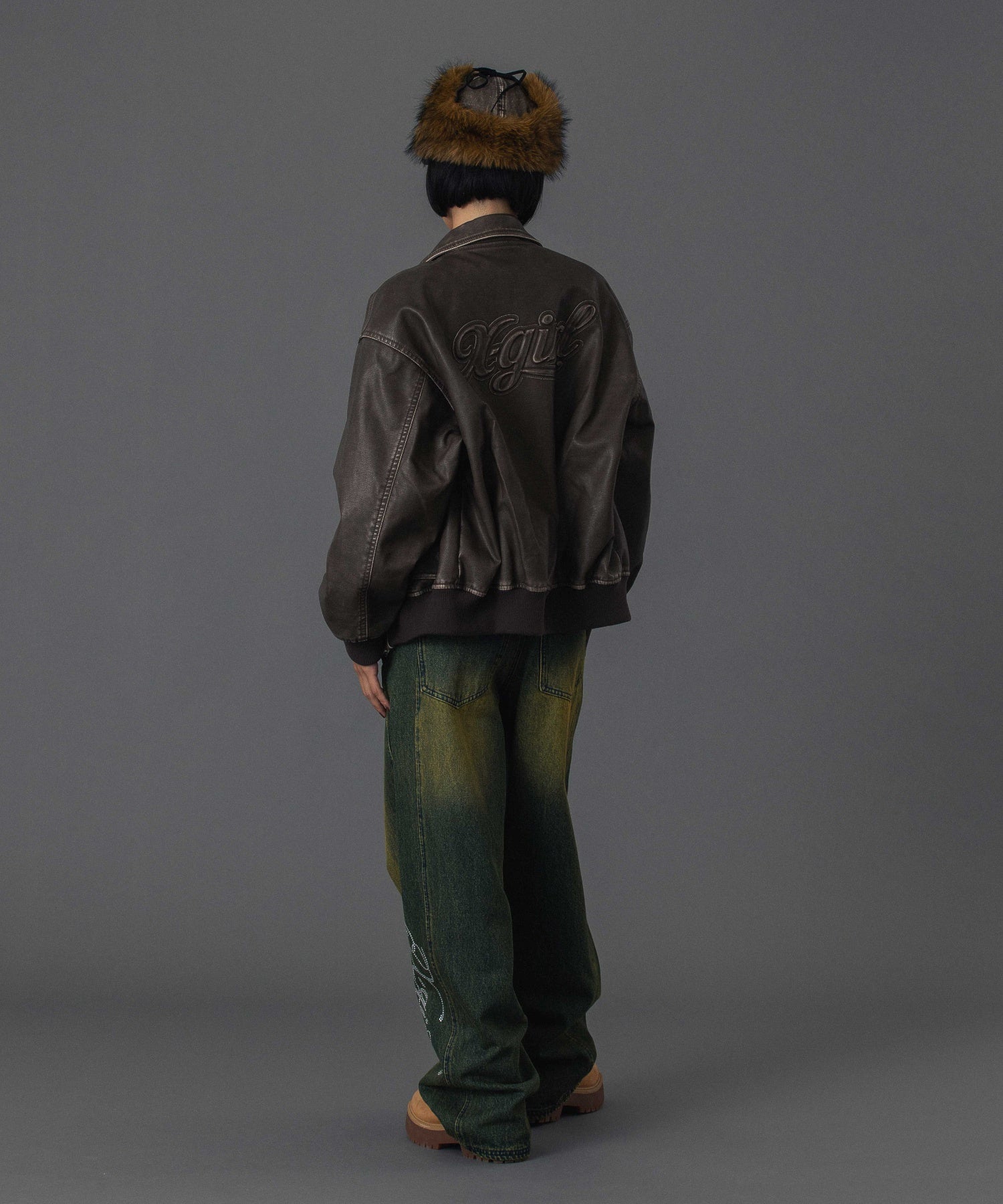 EMBOSSED LOGO PATCH DISTRESSED FAUX LEATHER JACKET