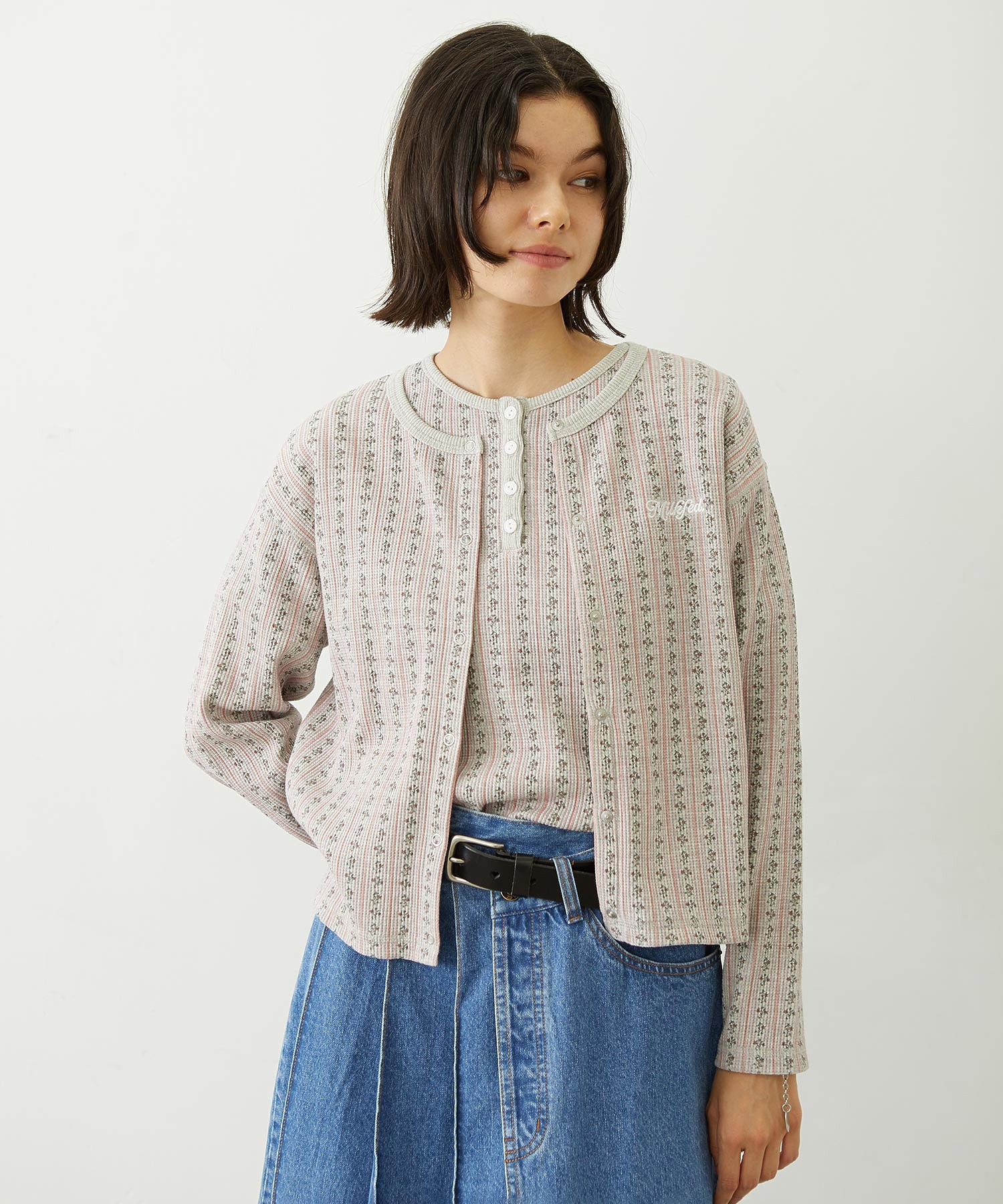 STRIPED FLOWER WAFFLE CARDIGAN