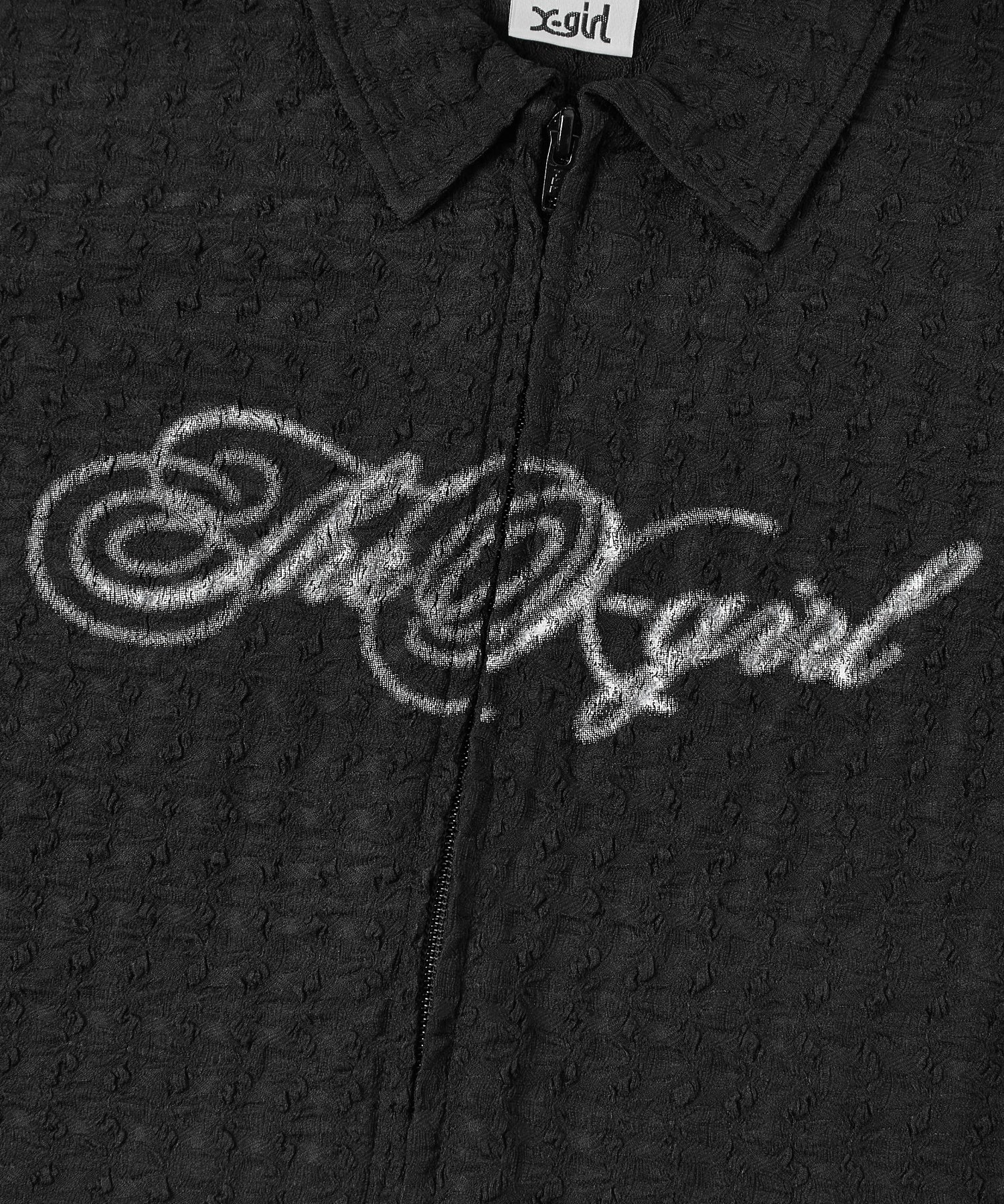 SCRIPT LOGO SHIRRED S/S ZIP UP TOP