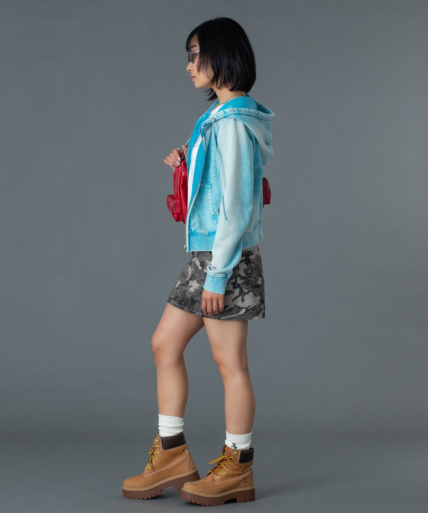 FACE LABEL WASHED COMPACT ZIP UP SWEAT HOODIE