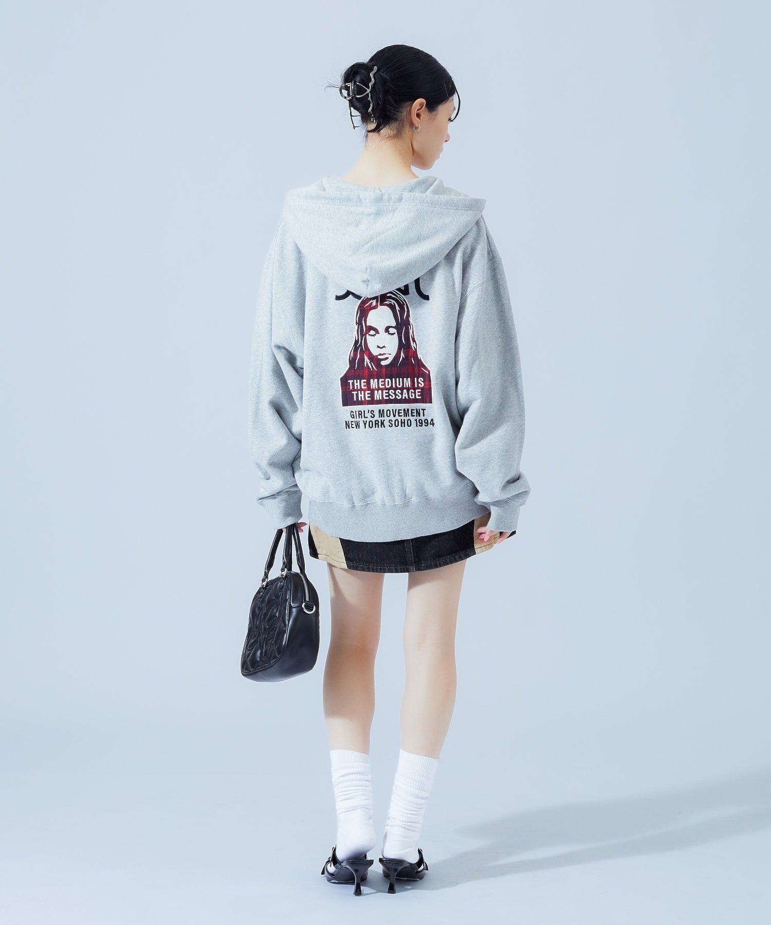PLAID PATTERN FACE PATCH ZIP UP SWEAT HOODIE