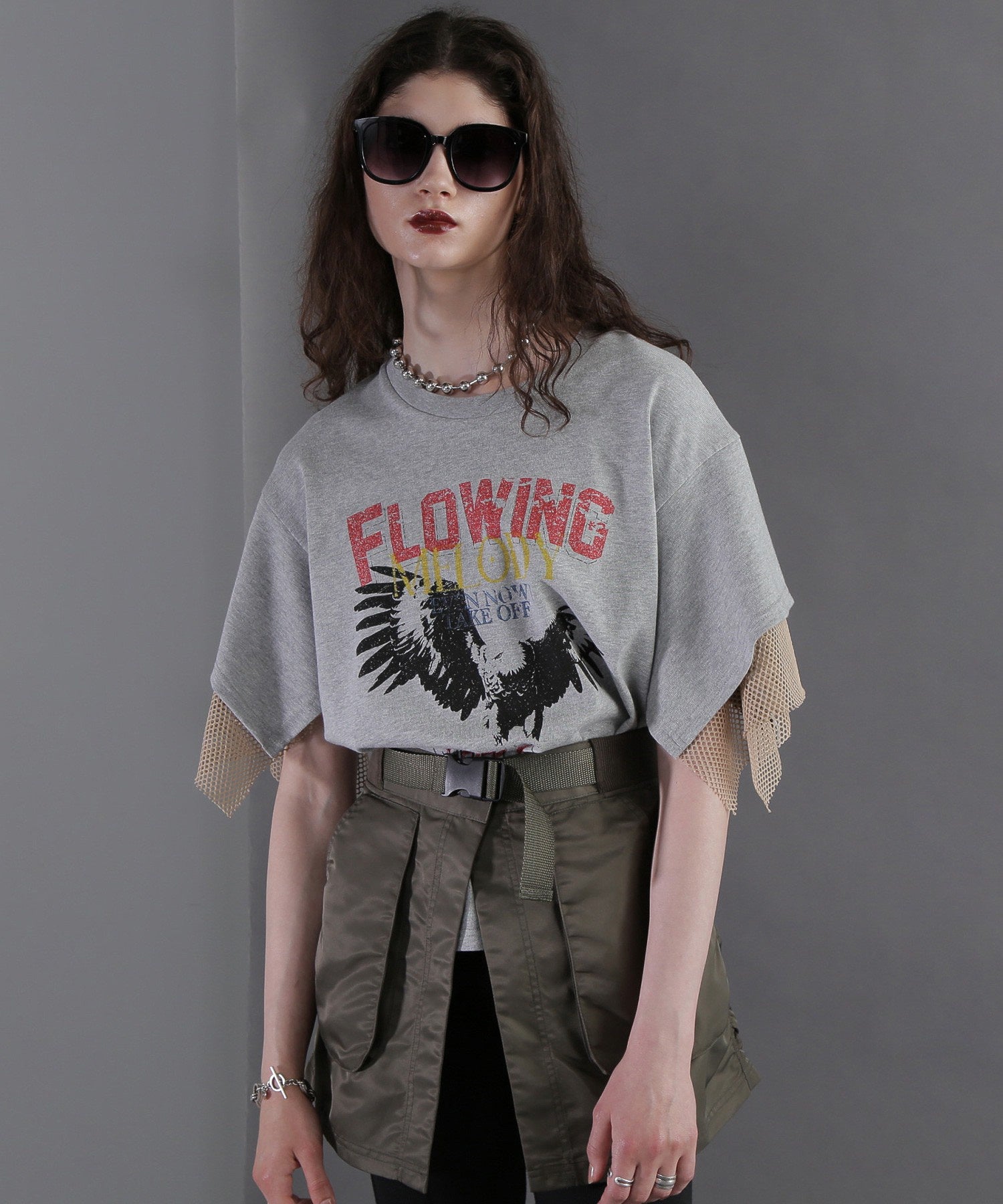 メッシュレイヤード スリーブ Tシャツ