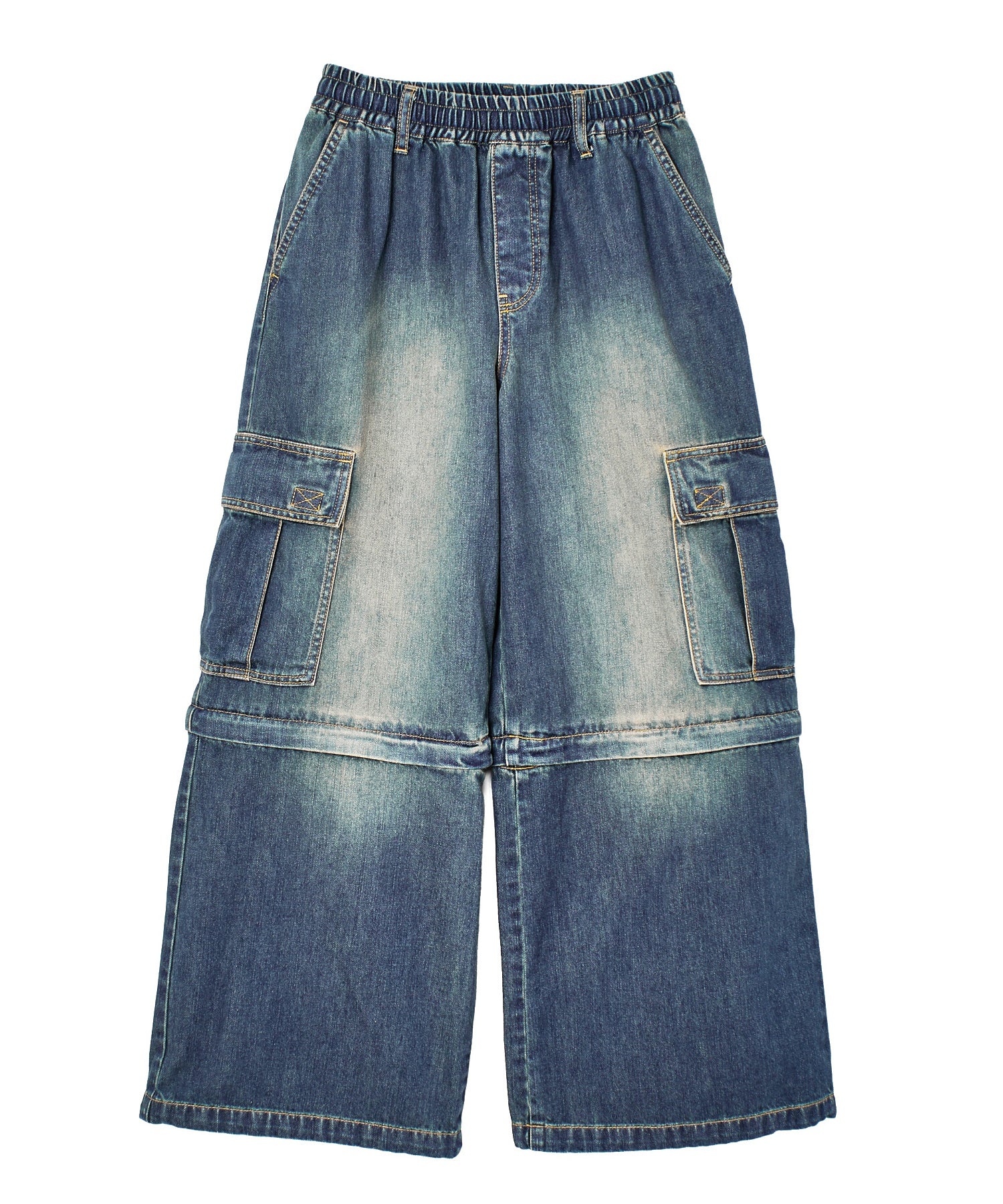 FADED 2WAY WIDE LEG DENIM CARGO PANTS