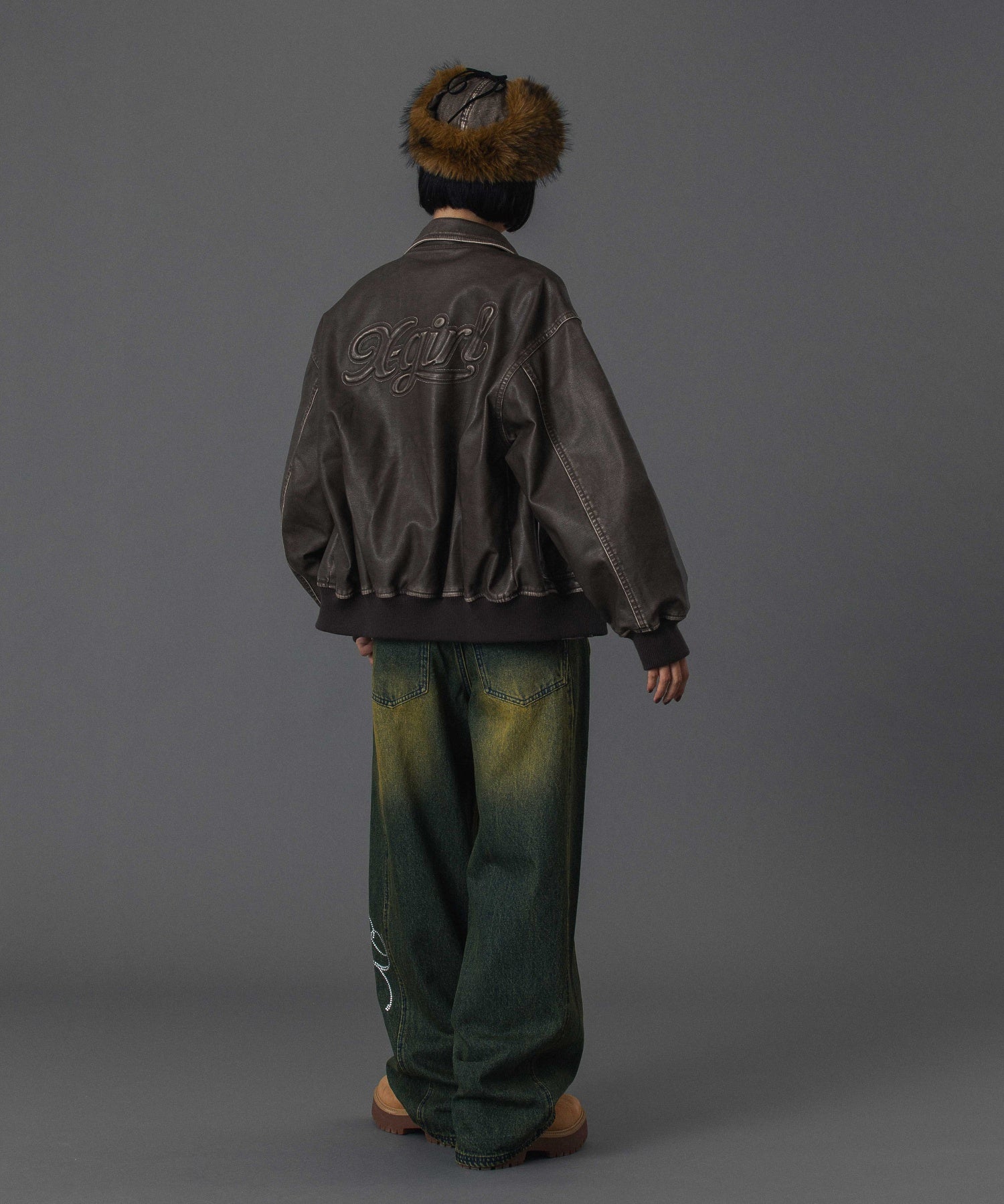 EMBOSSED LOGO PATCH DISTRESSED FAUX LEATHER JACKET