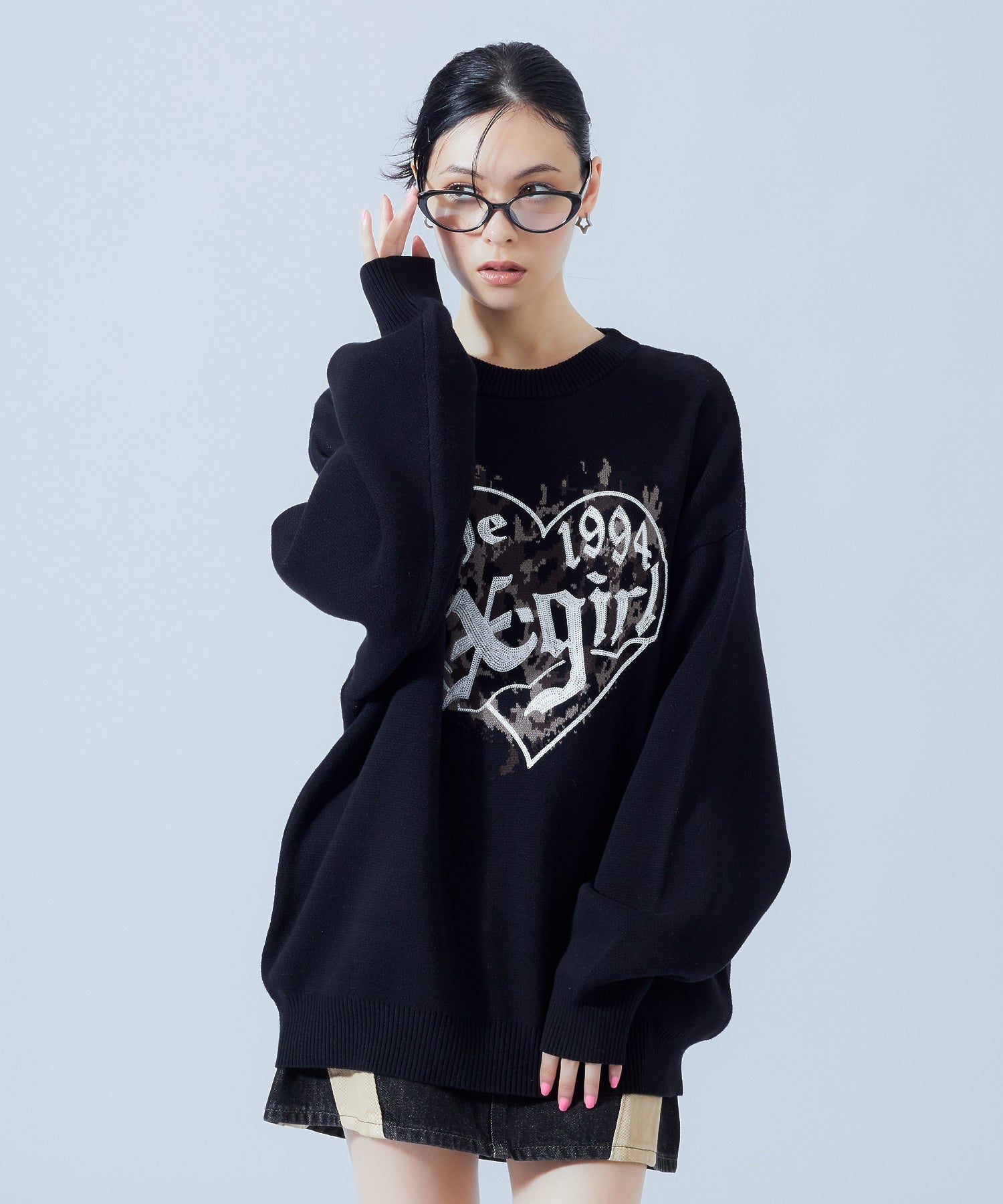 LEOPARD HEART LOGO JACQURD KNIT TOP