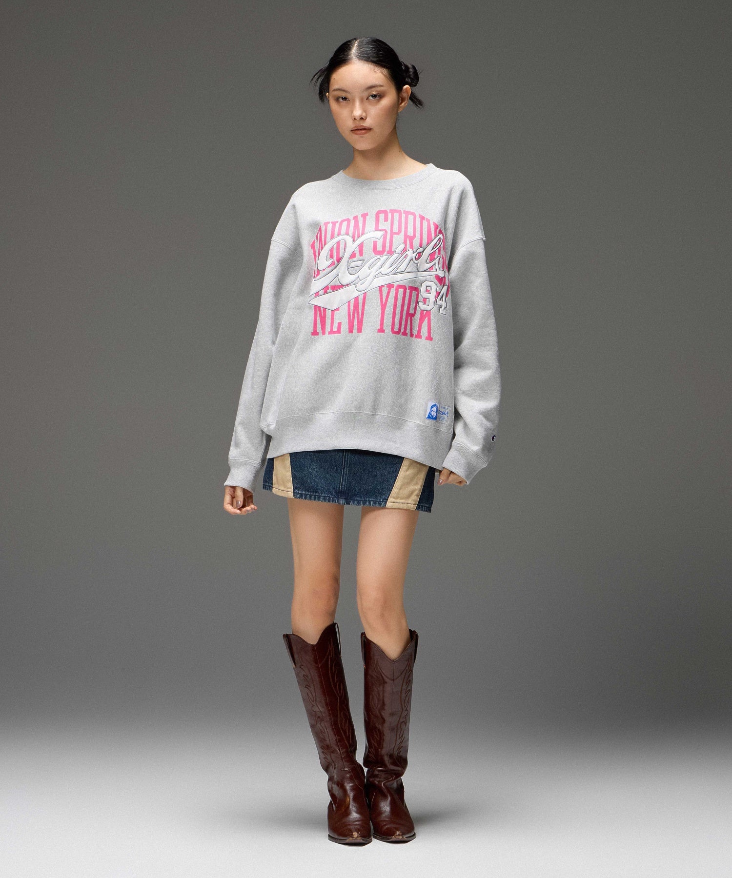 X-girl x Champion REVERSE WEAVE® PRINT AND PATCHED LOGO SWEATSHIRT
