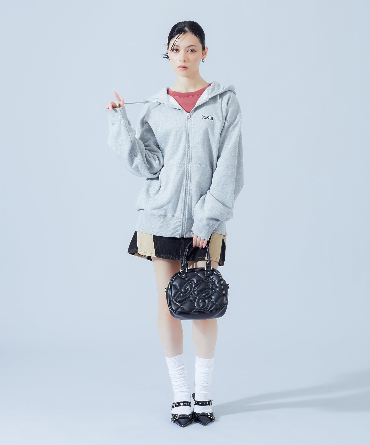 PLAID PATTERN FACE PATCH ZIP UP SWEAT HOODIE