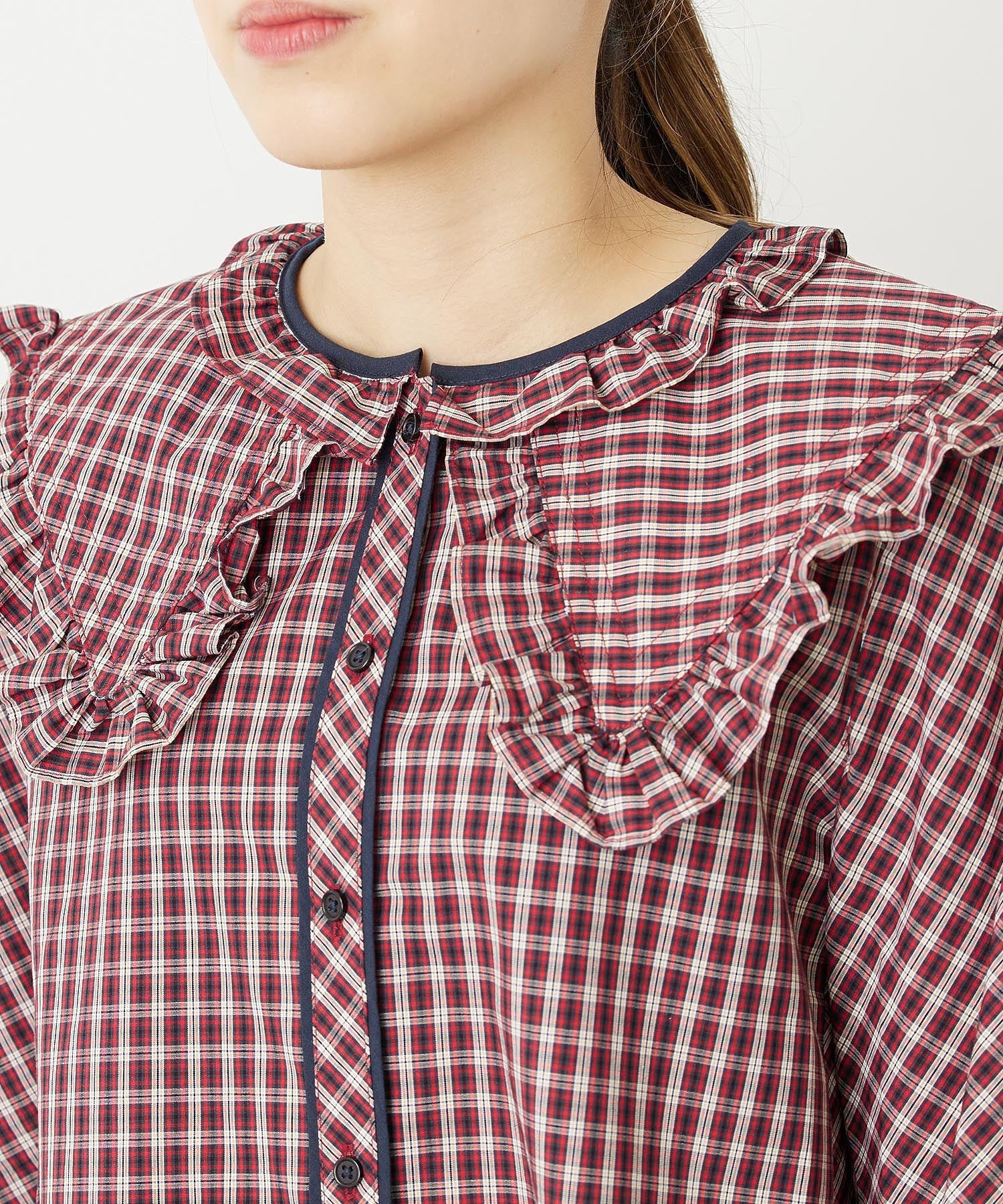 RUFFLE BIG COLLAR PLAID BLOUSE MILKFED. – calif