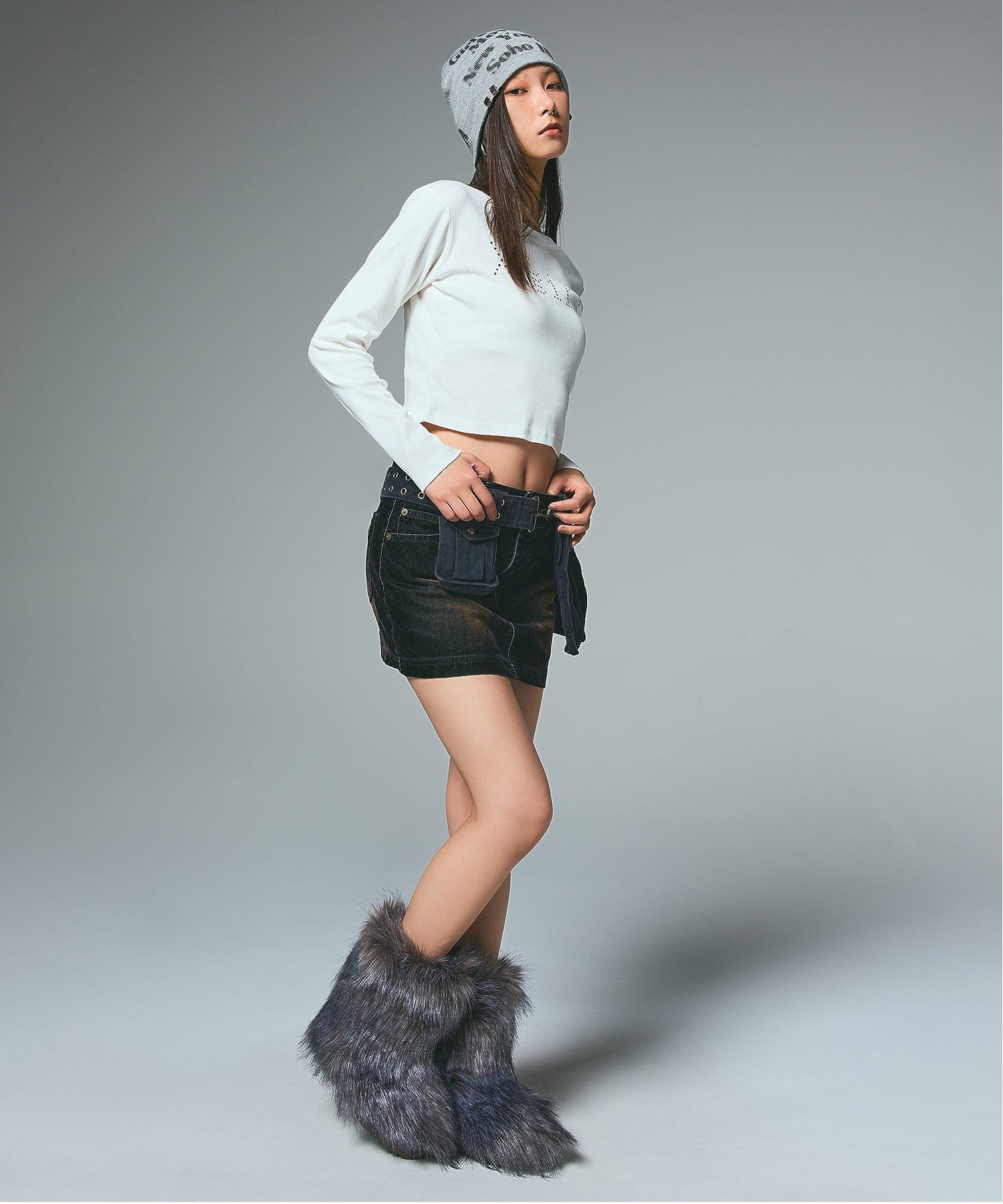 FLOCKED DENIM MINI SKIRT