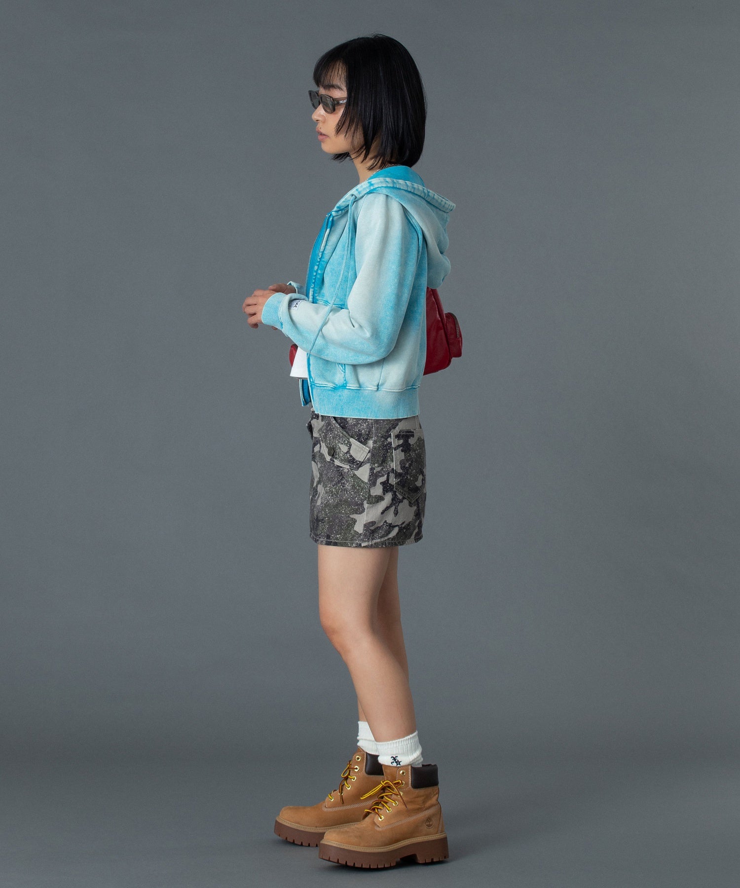 FACE LABEL WASHED COMPACT ZIP UP SWEAT HOODIE