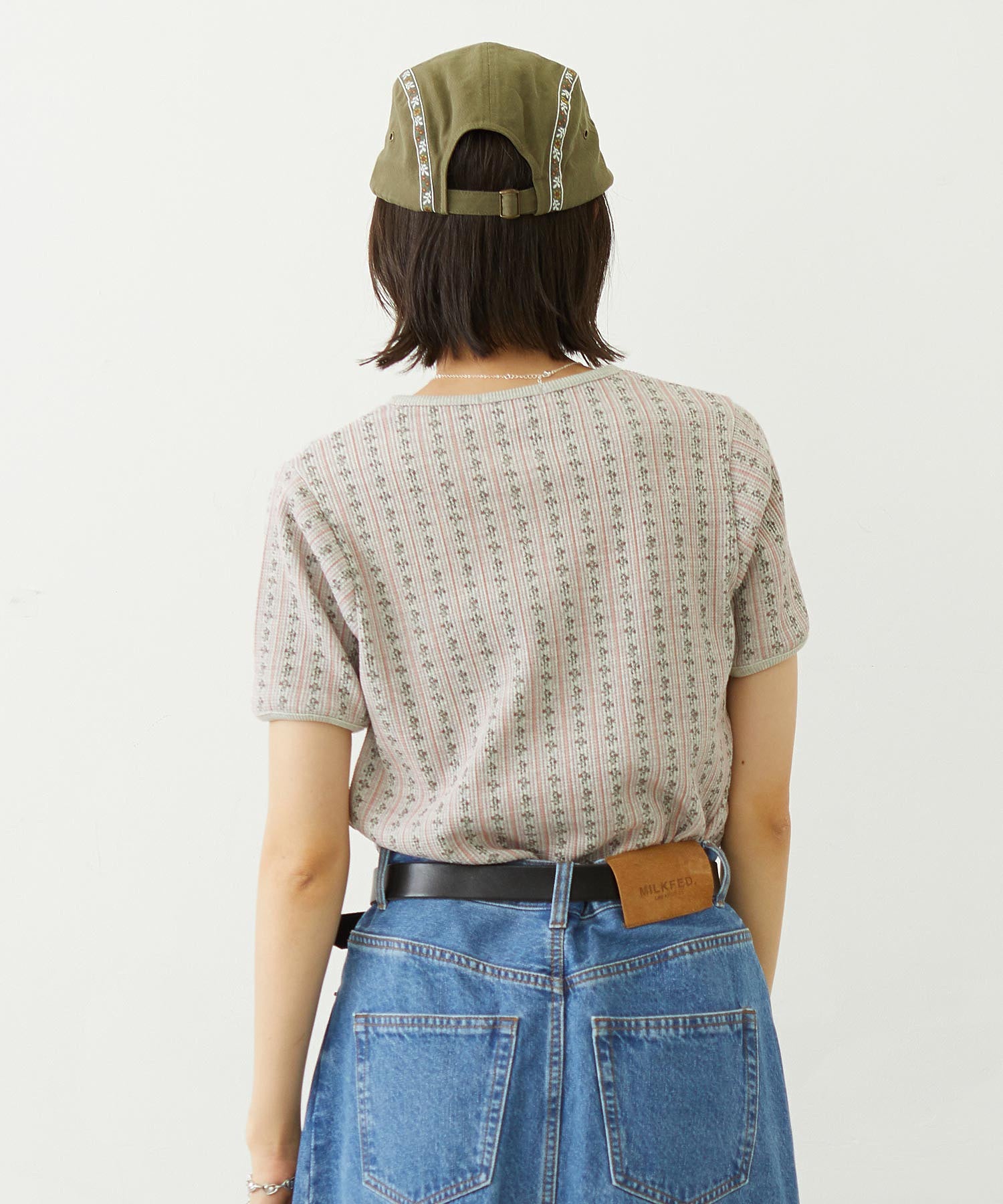 STRIPED FLOWER WAFFLE S/S TOP