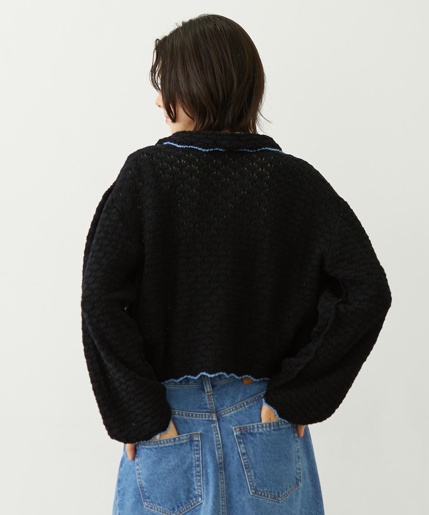 OPEN COLLAR CONTRAST TRIM KNIT CARDIGAN