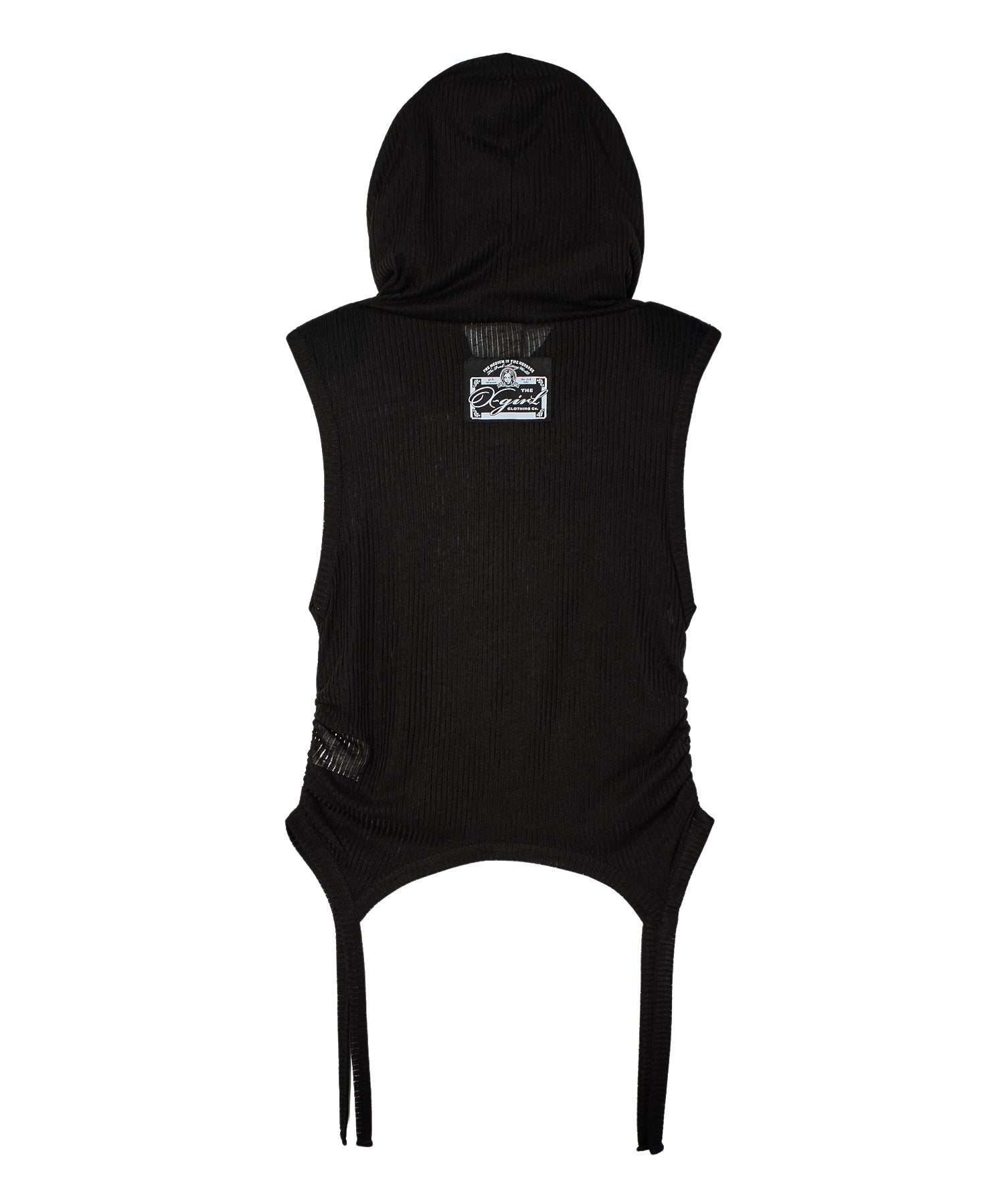 SHEER SLEEVELESS RIBBED HOODED TOP