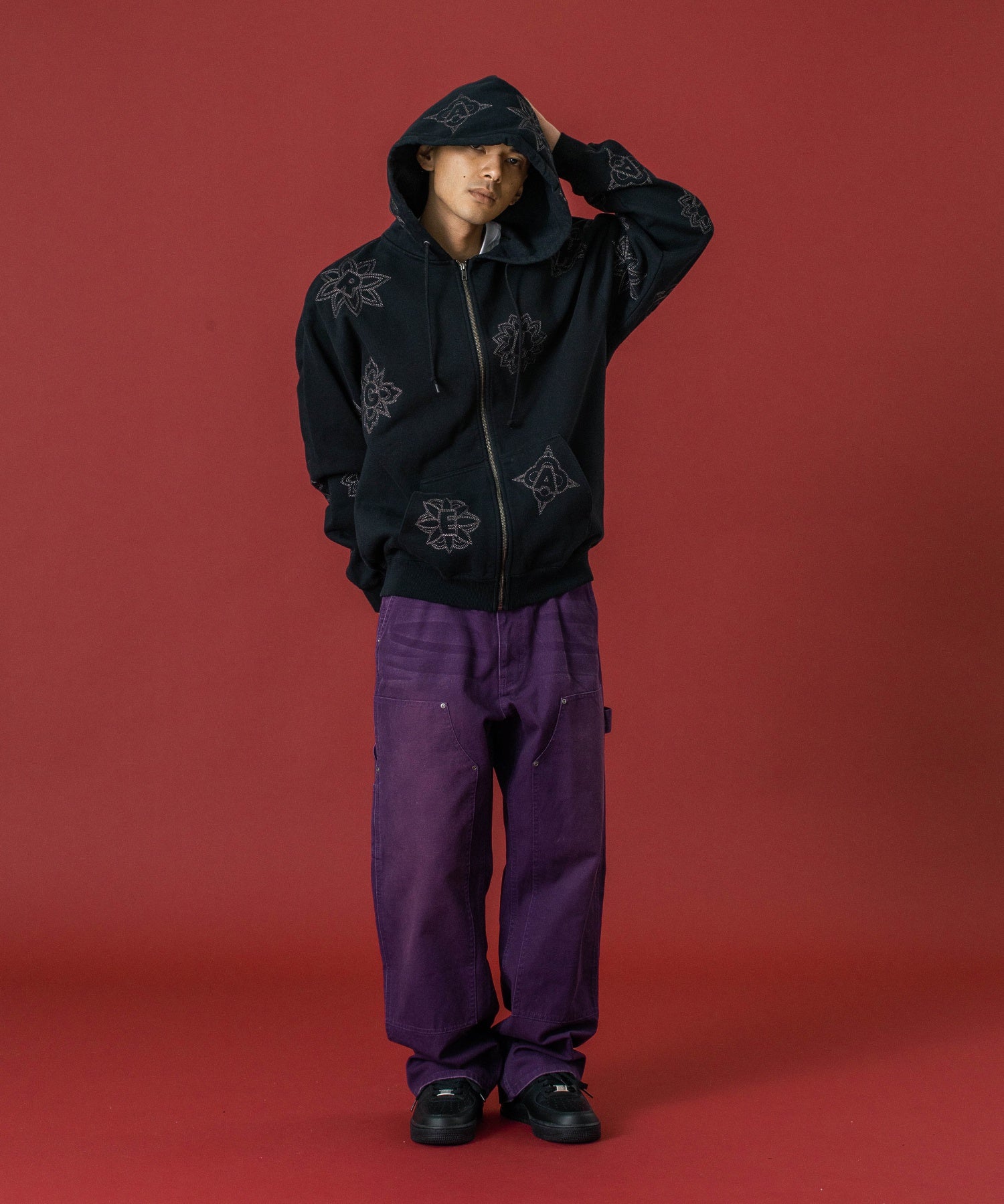 ALLOVER EMBROIDERY ZIP UP HOODED SWEATSHIRT