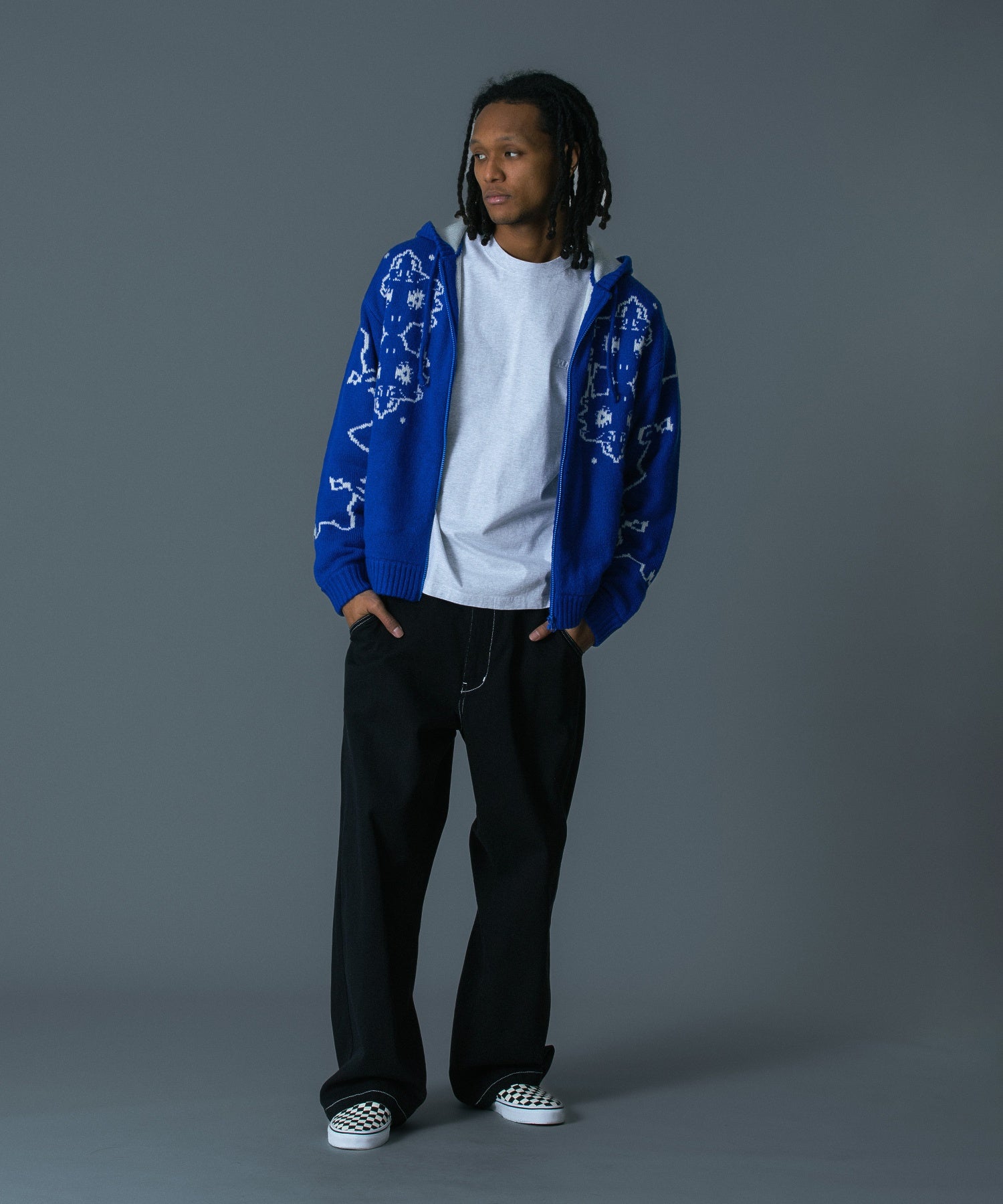 JACQUARD FUZZY ZIP UP HOODED SWEATER