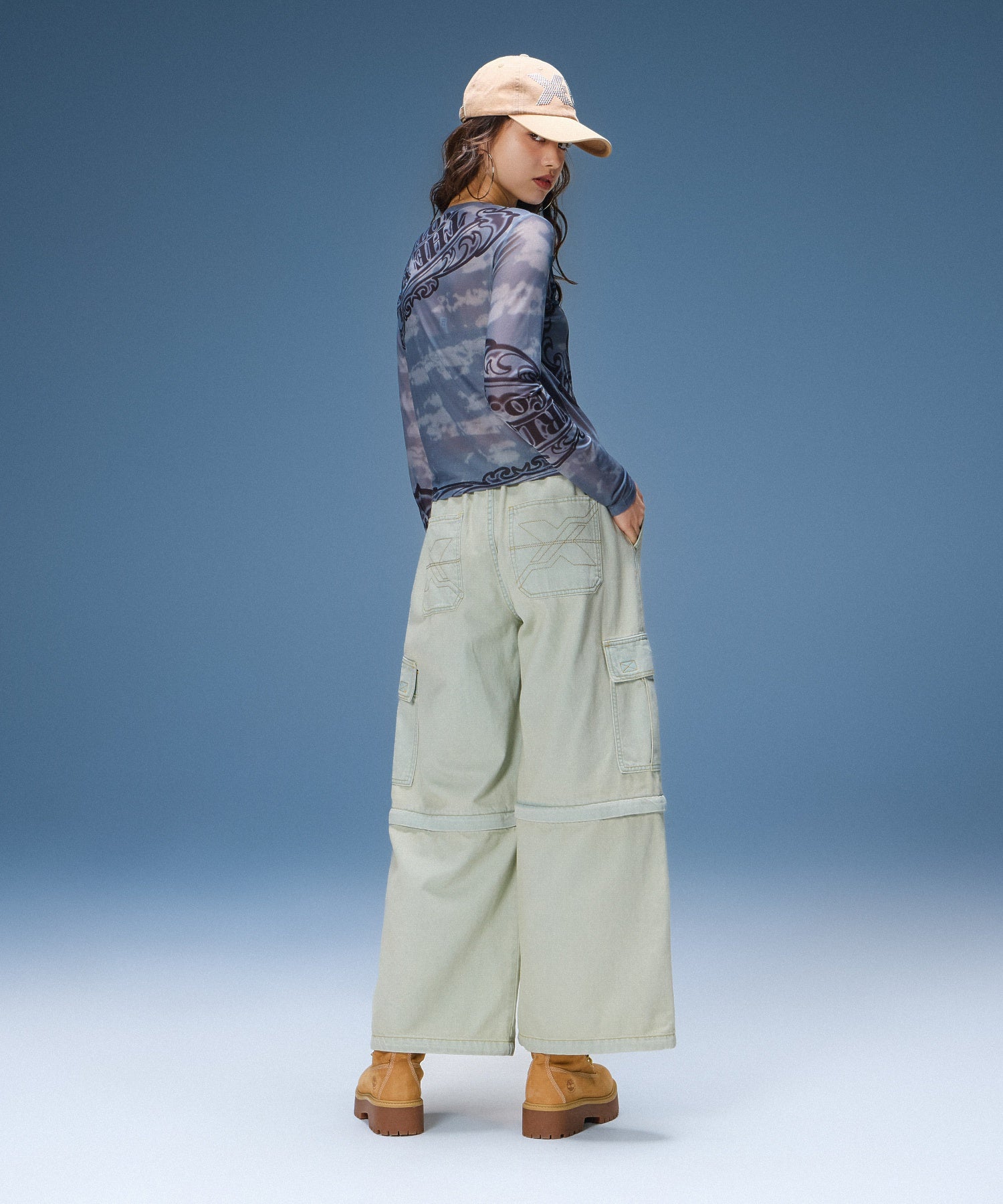 FADED 2WAY WIDE LEG DENIM CARGO PANTS