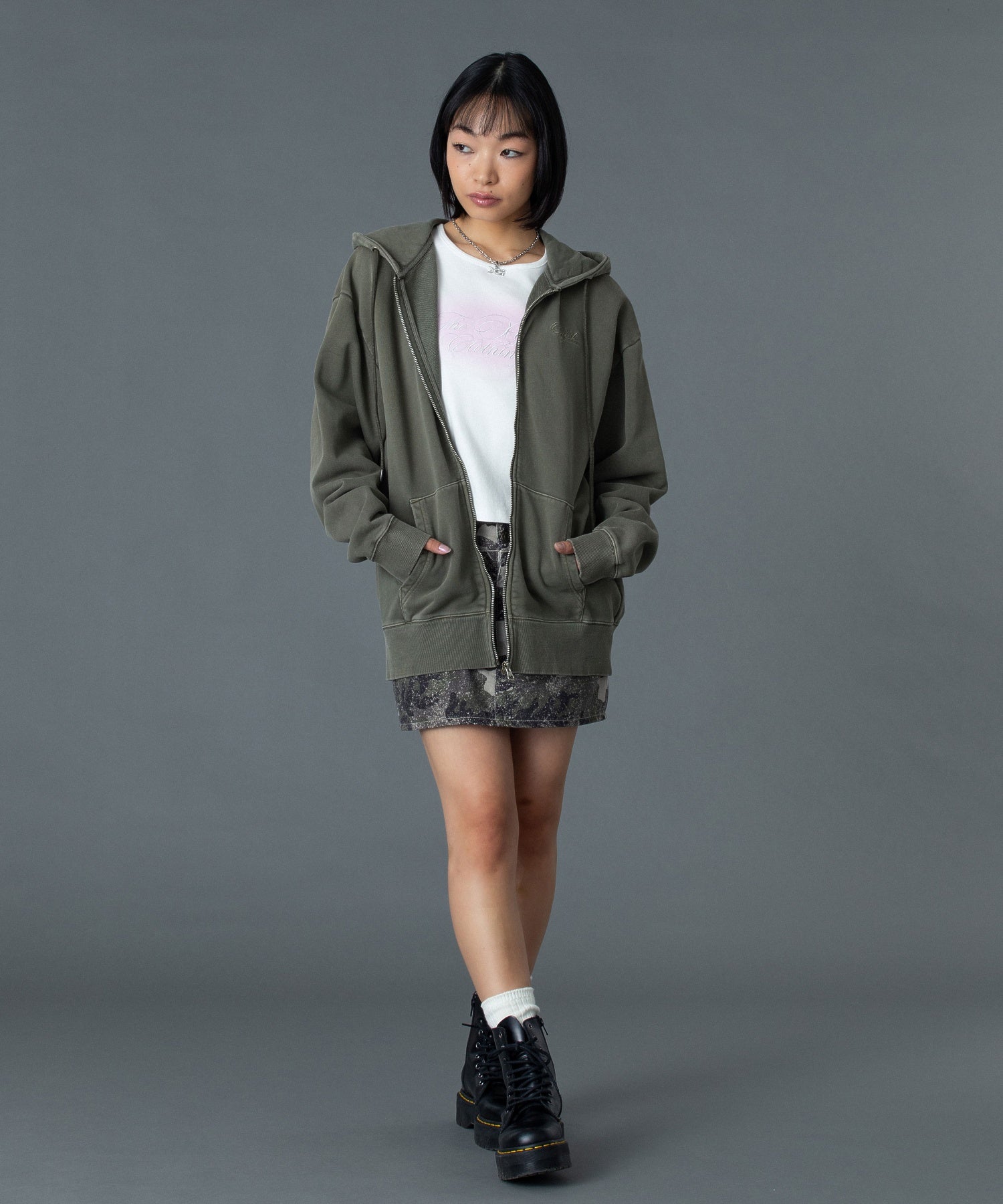 PIGMENT DYED FACE AND LOGO SQUARE PATCH ZIP UP SWEAT HOODIE