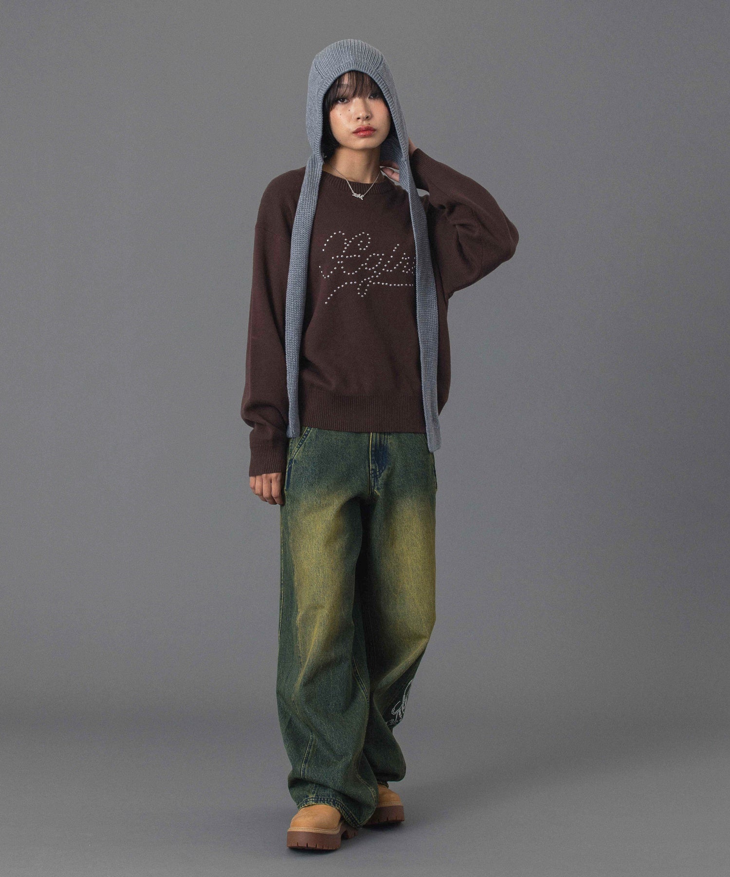 RHINESTONE LOGO LOOSE DENIM PANTS