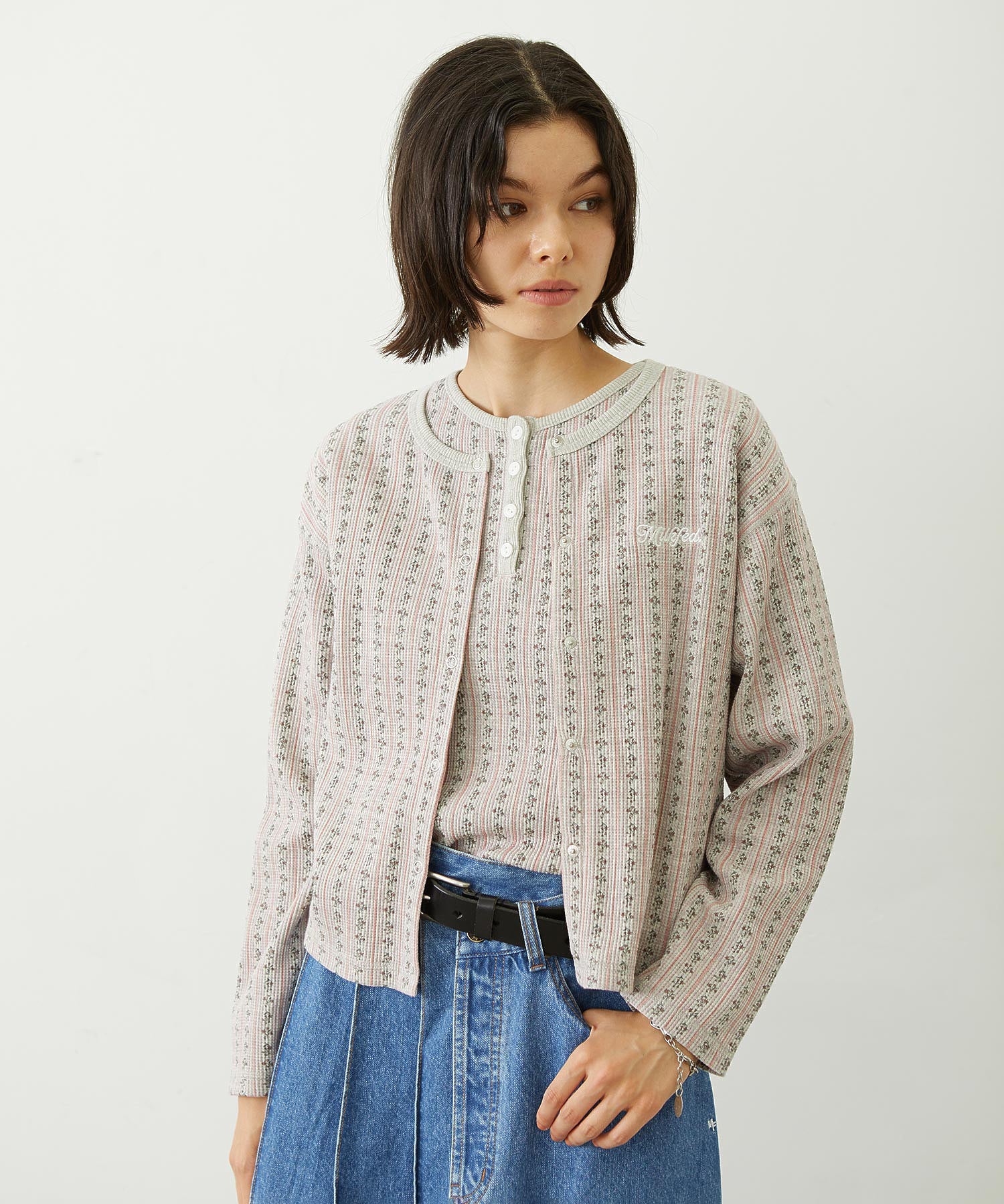 STRIPED FLOWER WAFFLE CARDIGAN